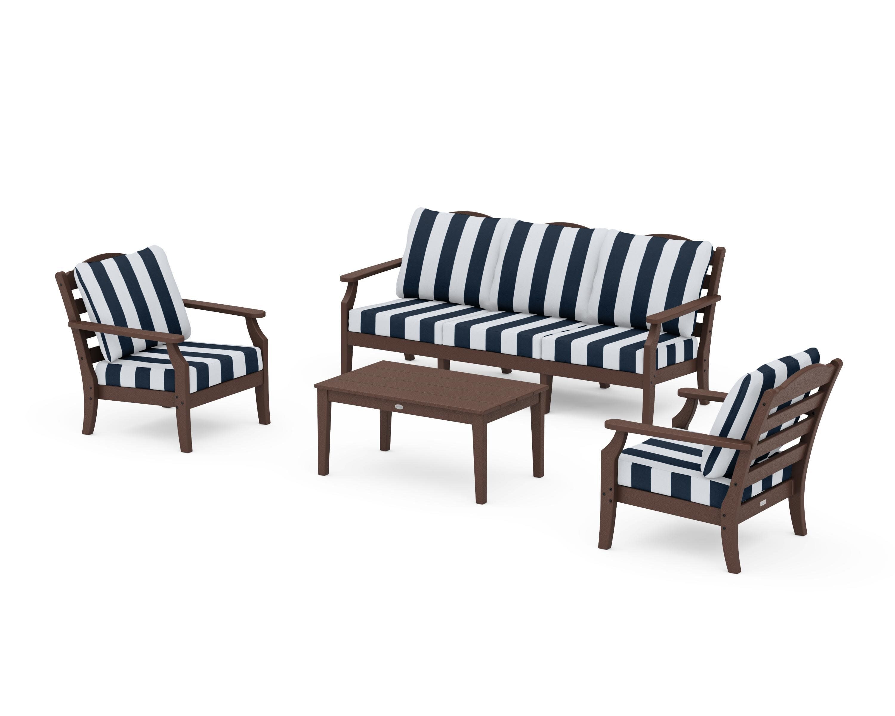 Savannah 4-Piece Deep Seating Set with Sofa in Mahogany / Cabana Stripe Marine Indigo