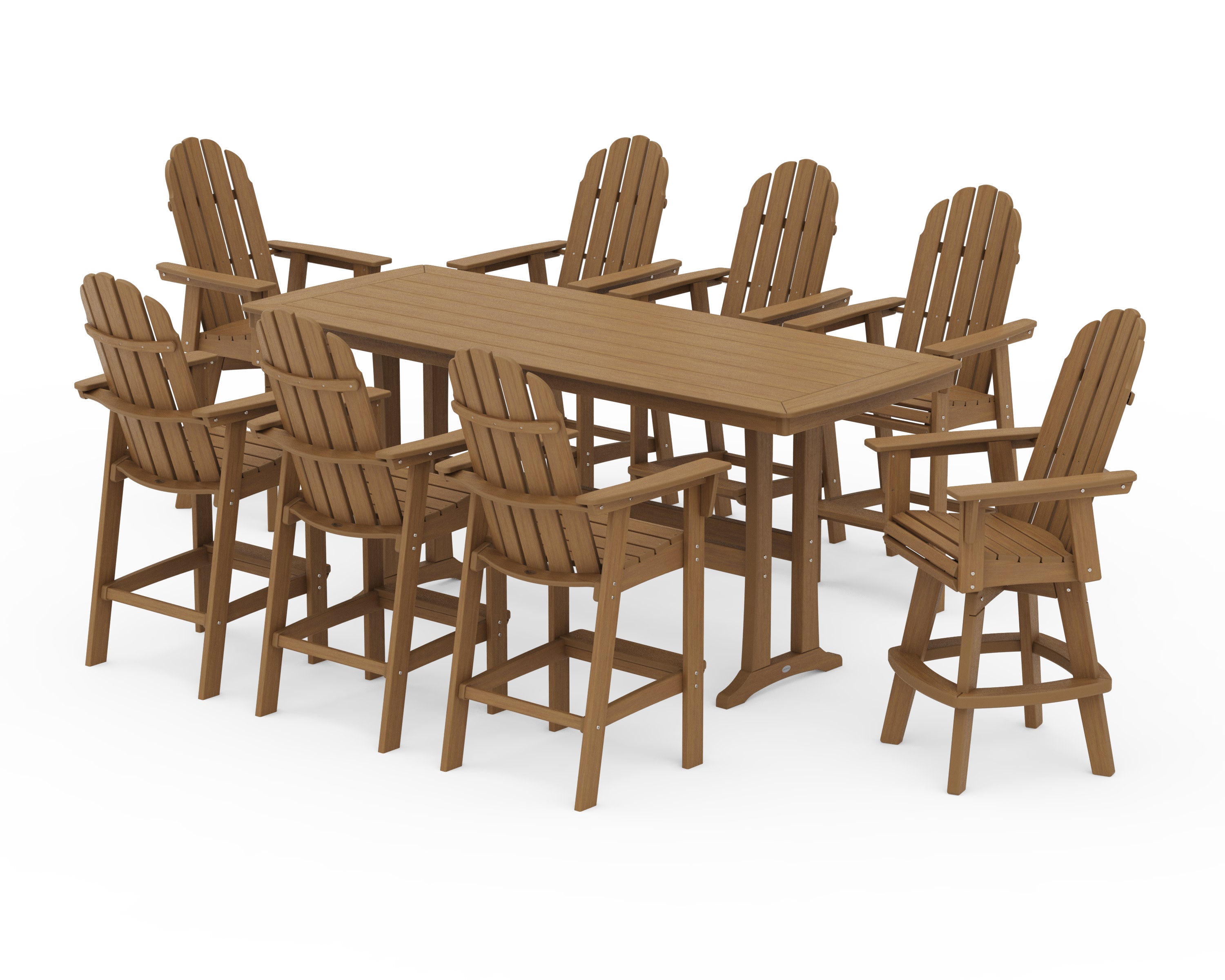 Vineyard Curveback Adirondack Swivel 9-Piece Bar Set with Trestle Legs in Natural