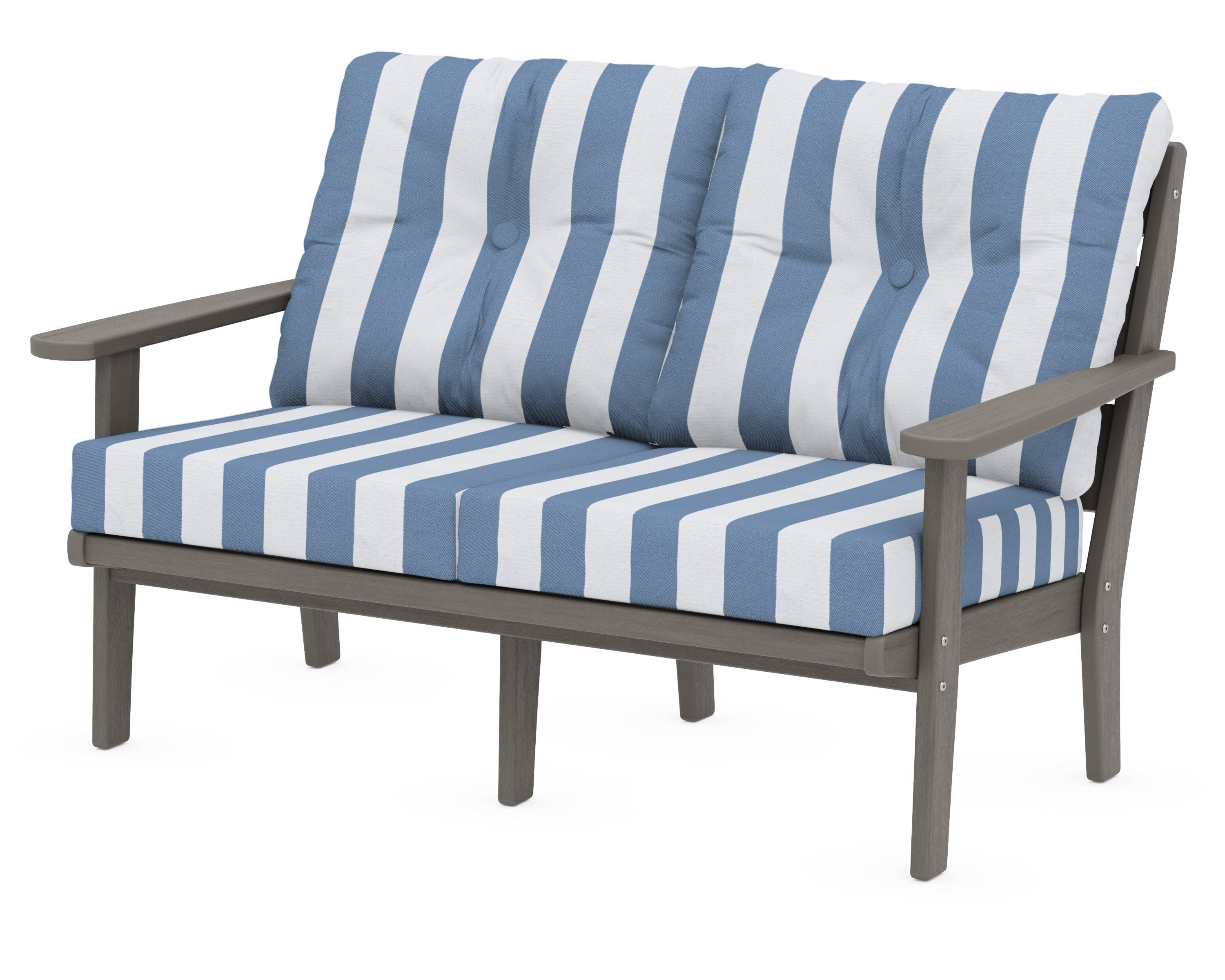 Lakeside Deep Seating Loveseat in Driftwood / Cabana Stripe Sky Blue