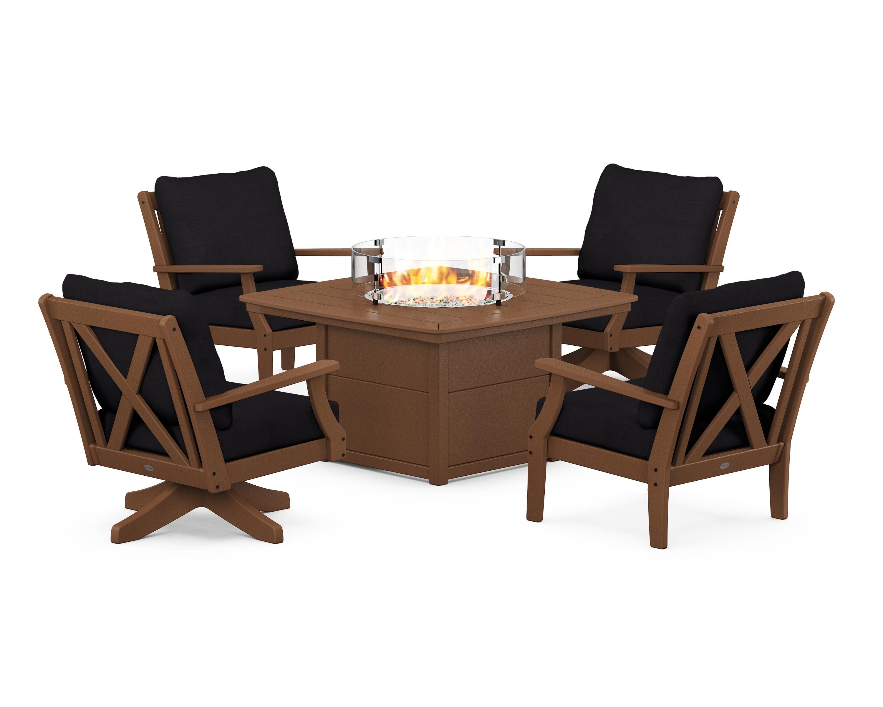 Braxton 5-Piece Deep Seating Set with Fire Table in Teak / Midnight Linen