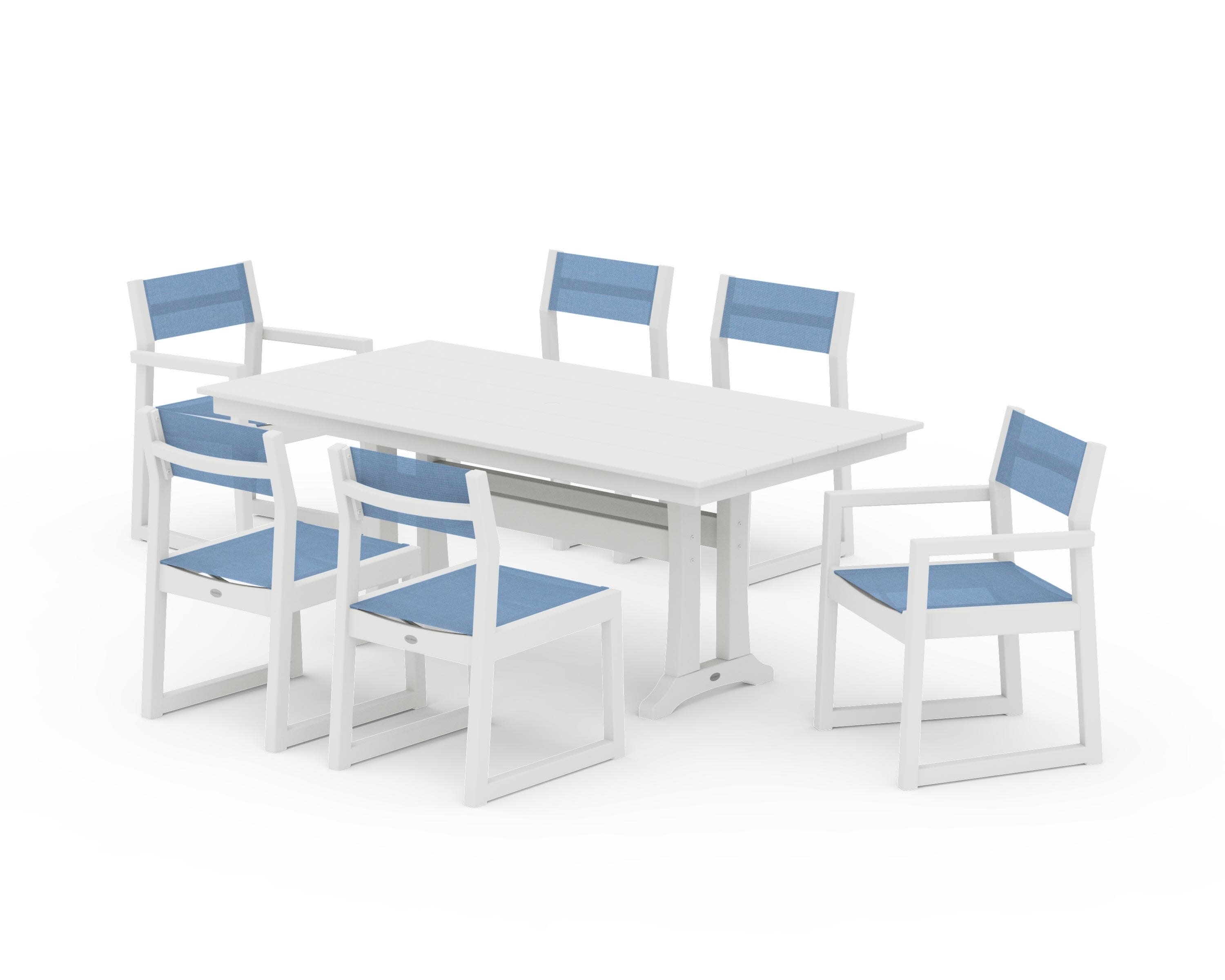 EDGE Sling 7-Piece Farmhouse Trestle Dining Set in Vintage White / Poolside Sling