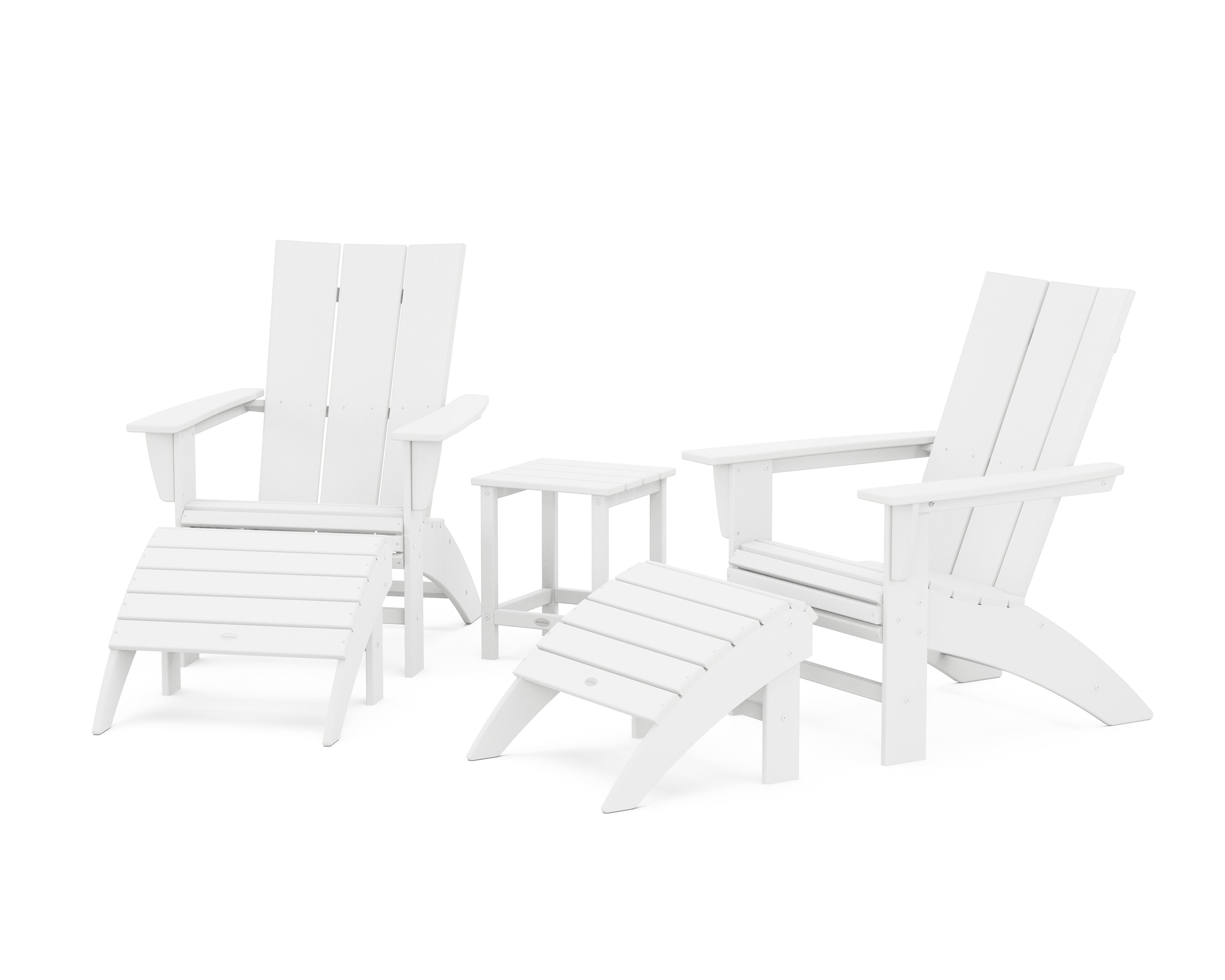Modern Curveback Adirondack Chair 5-Piece Set with Ottomans and 18" Side Table in White