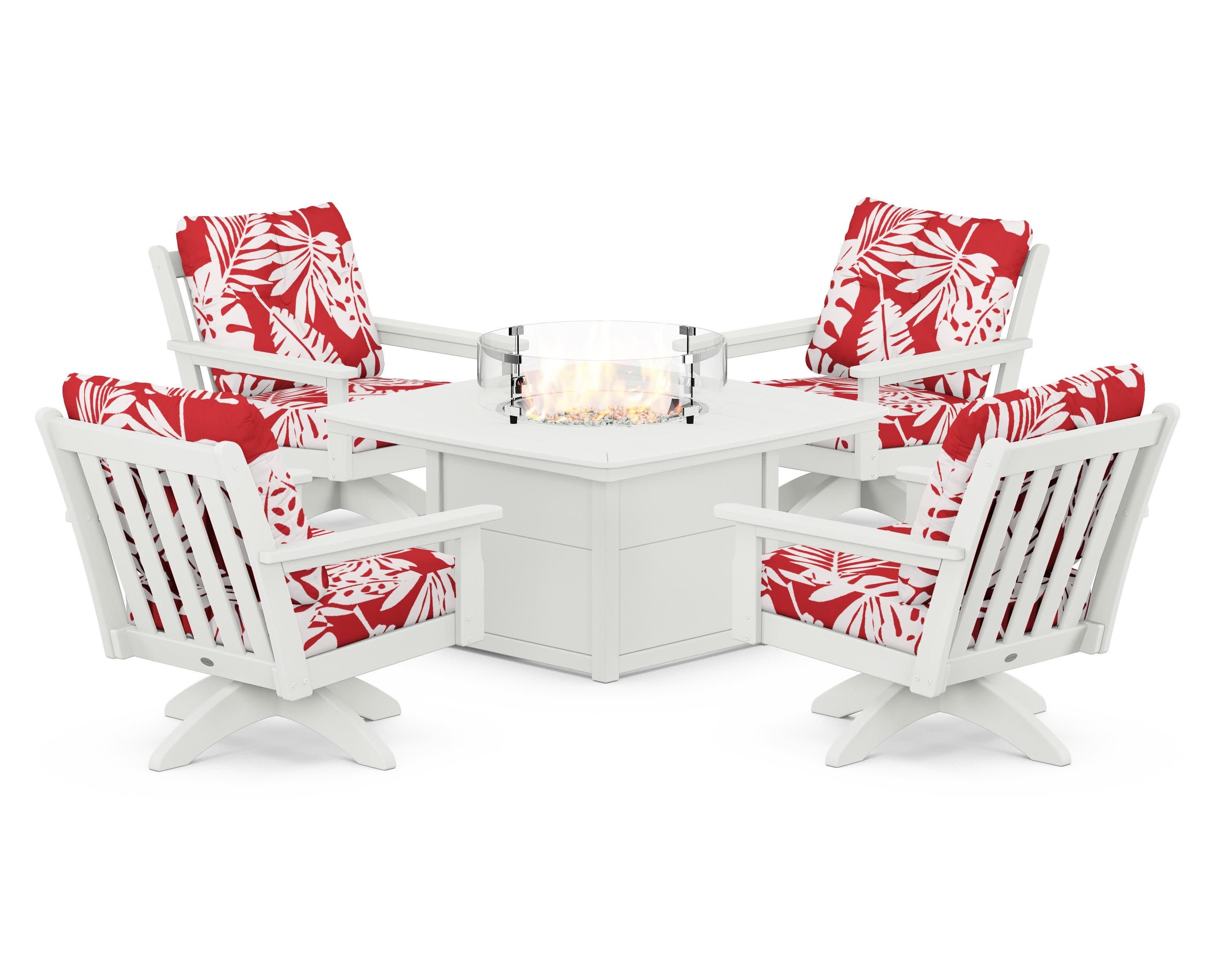 Vineyard 5-Piece Deep Seating Swivel Conversation Set with Fire Pit Table in Vintage White / Leaf Crimson