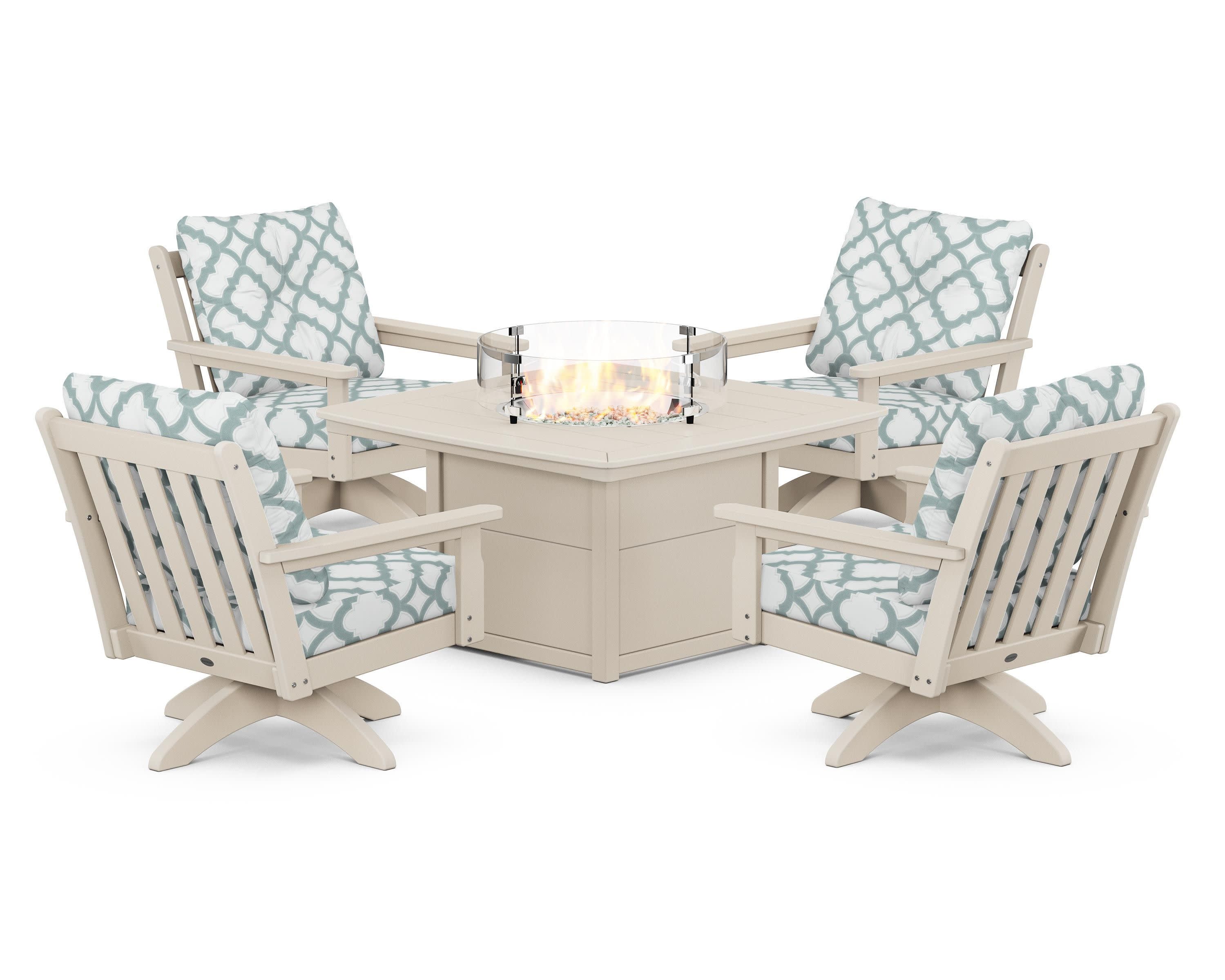 Vineyard 5-Piece Deep Seating Swivel Conversation Set with Fire Pit Table in Sand / Trellis Glacier Spa