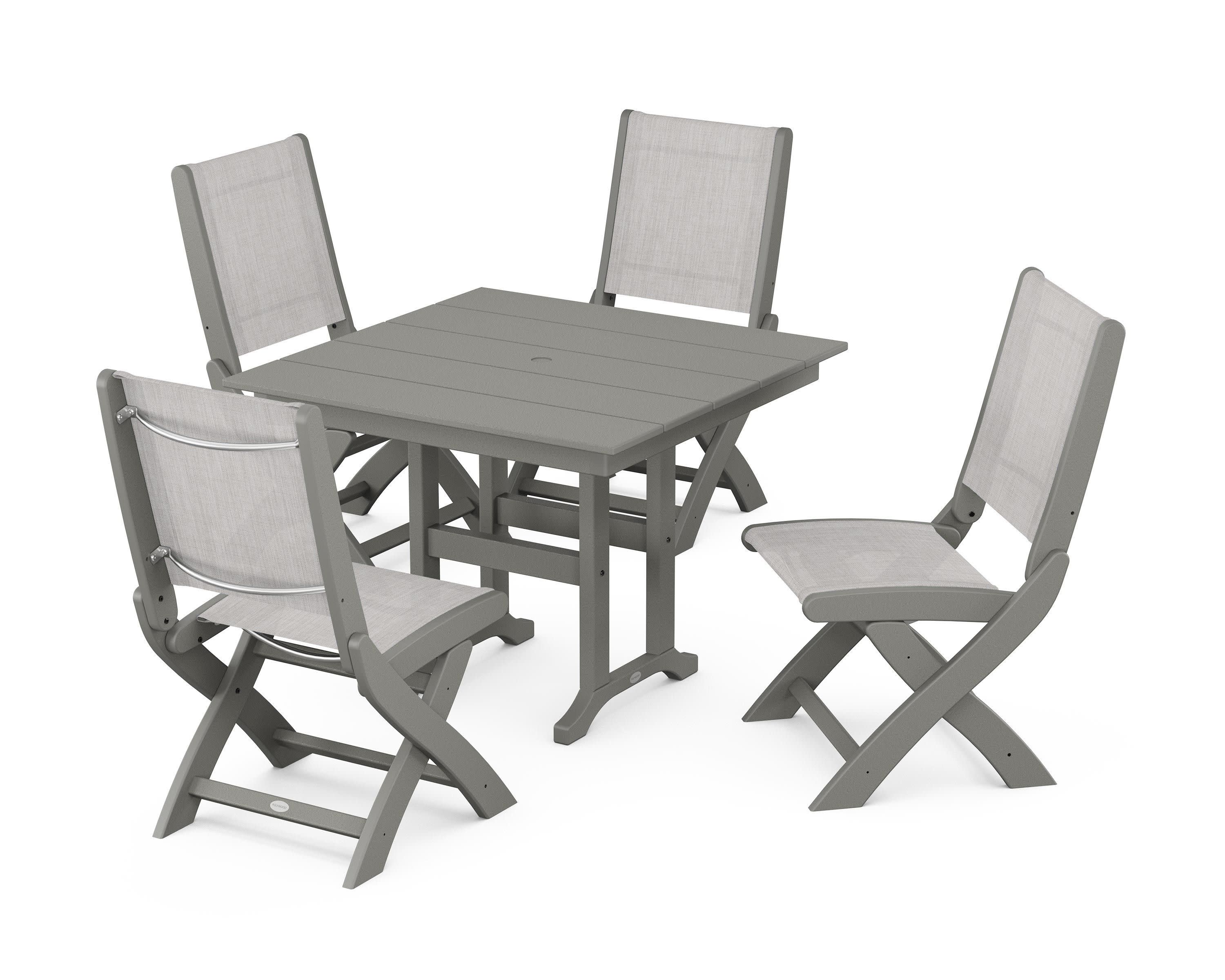 Coastal Folding Side Chair 5-Piece Farmhouse Dining Set in Slate Grey / Parchment Sling