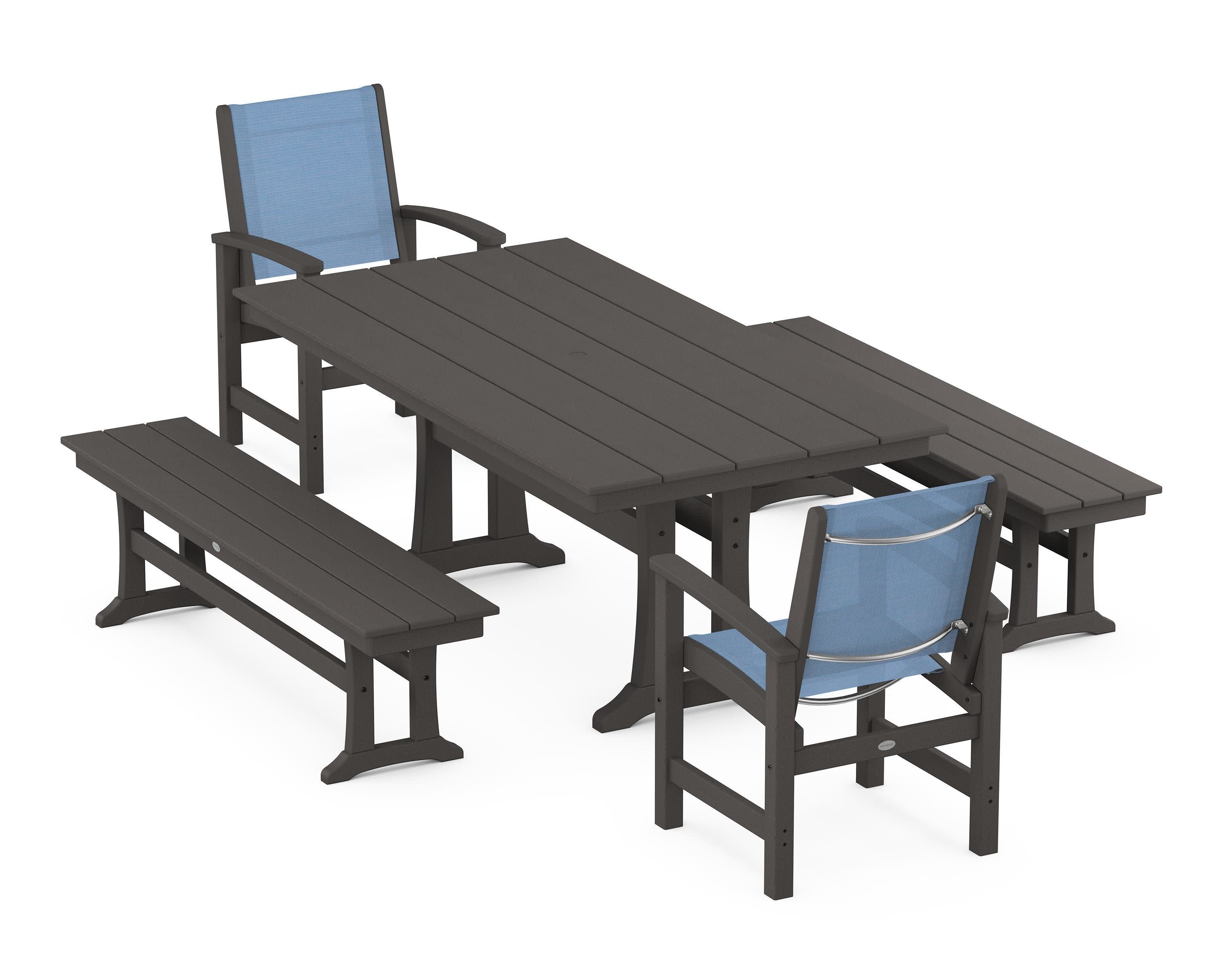 Coastal 5-Piece Farmhouse Dining Set with Trestle Legs and Benches in Vintage Coffee / Poolside Sling