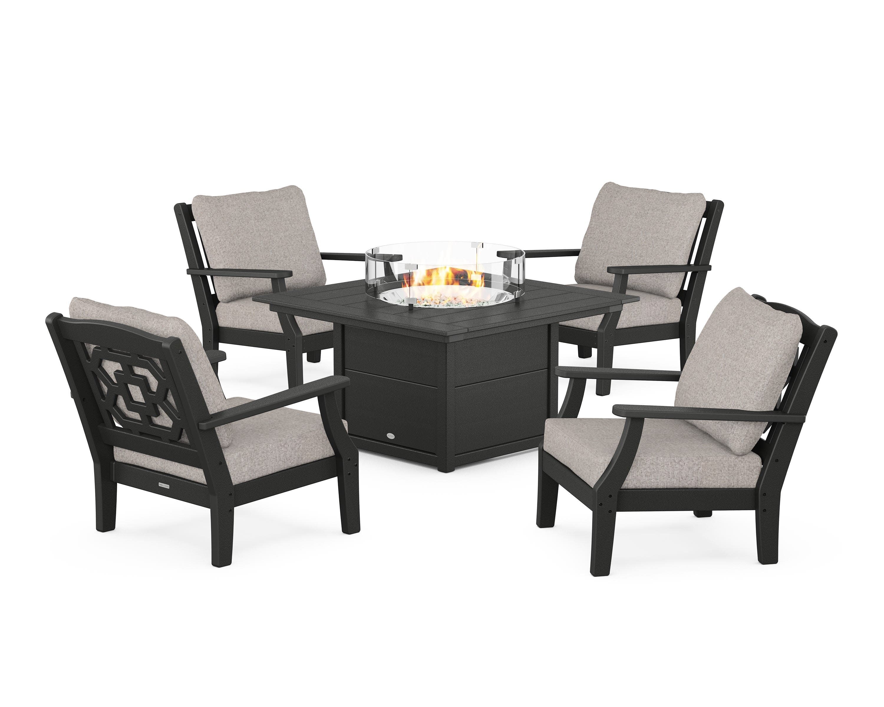 Chinoiserie 5-Piece Deep Seating Set with Fire Pit Table in Black / Weathered Tweed