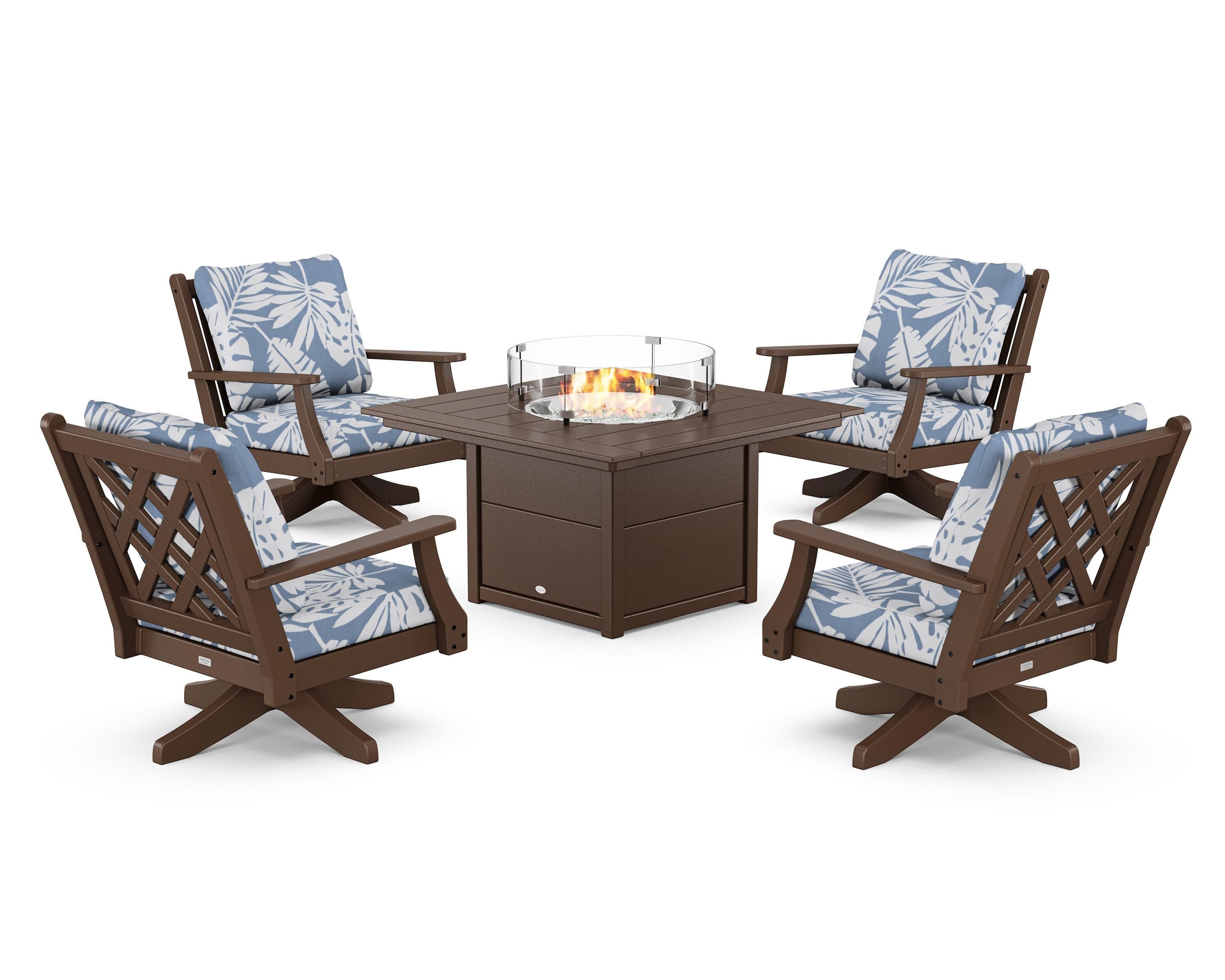 Wovendale 5-Piece Deep Seating Swivel Conversation Set with Fire Pit Table in Mahogany / Leaf Sky Blue