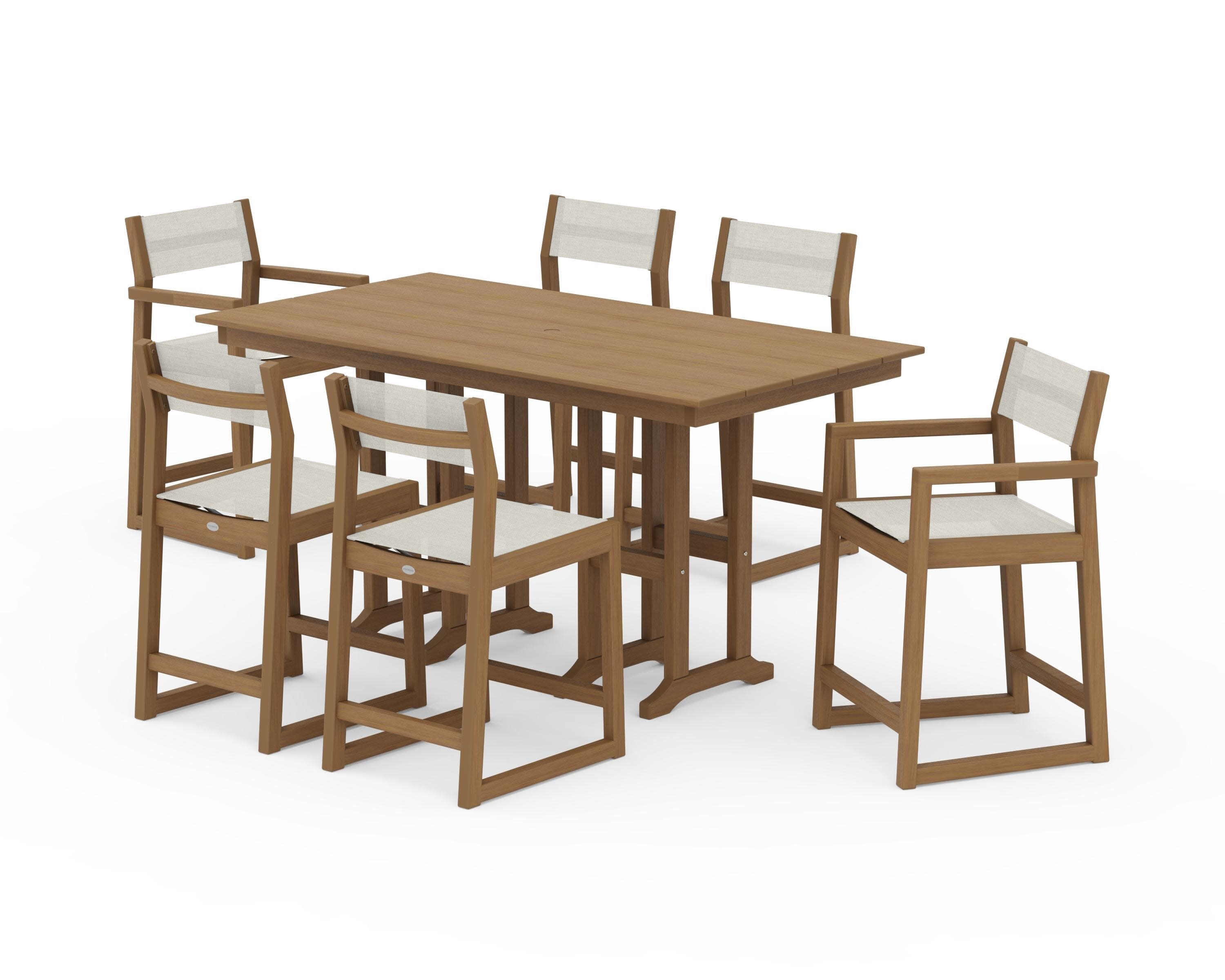 EDGE Sling 7-Piece Farmhouse Counter Set with Trestle Legs in Natural / Parchment Sling