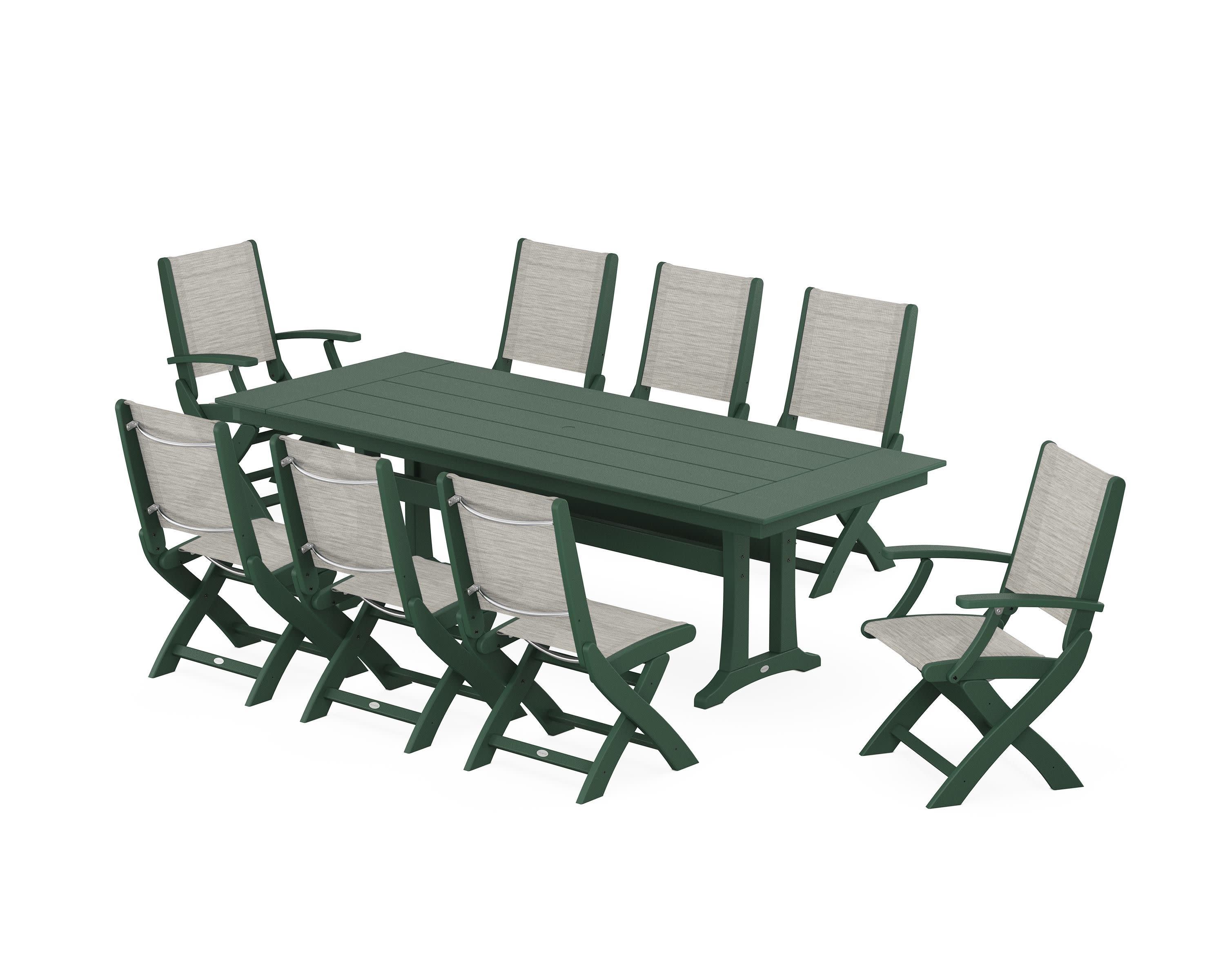 Coastal 9-Piece Folding Dining Chair Farmhouse Dining Set with Trestle Legs in Green / Birch Sling