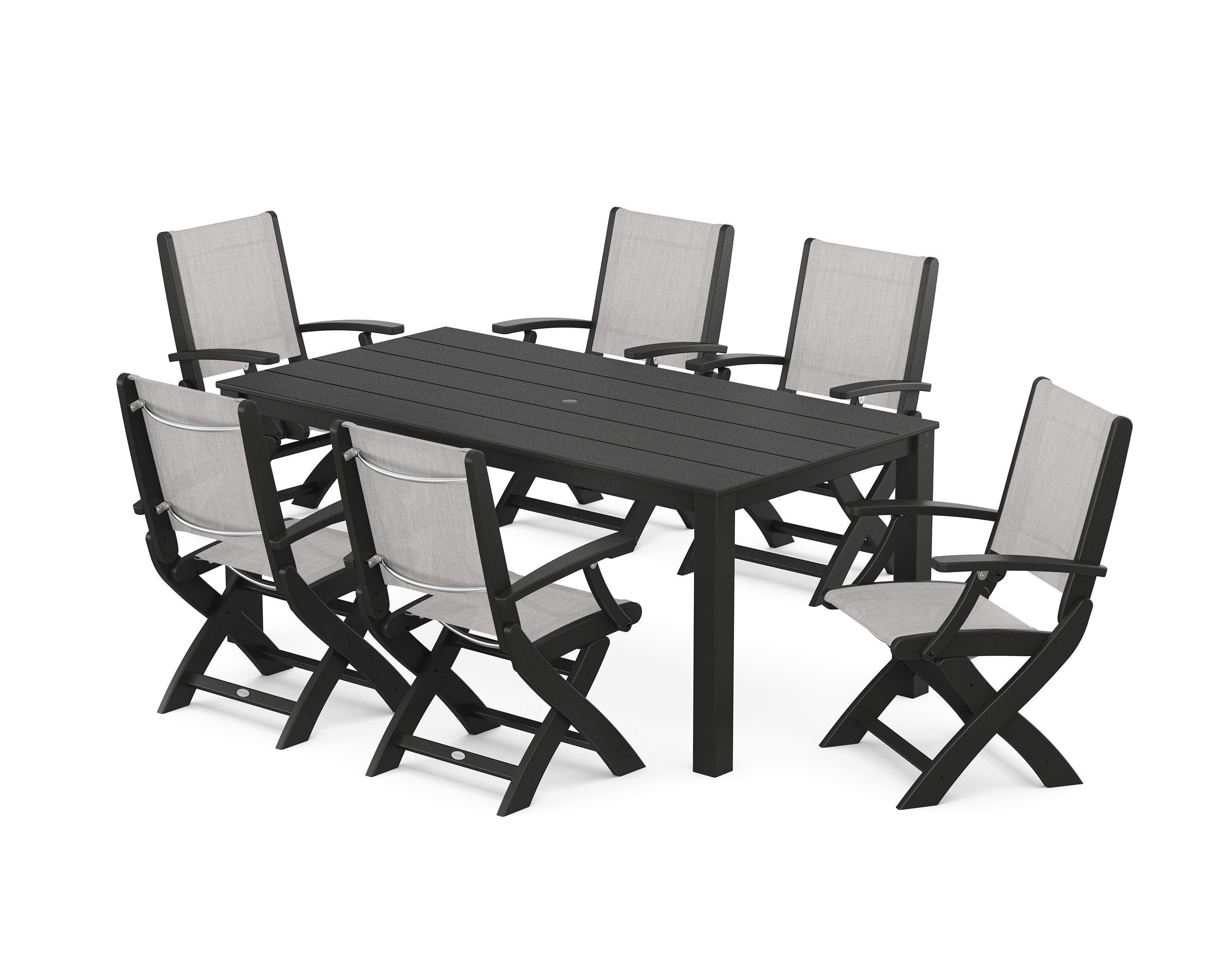Coastal Folding Chair 7-Piece Parsons Dining Set in Black / Parchment Sling