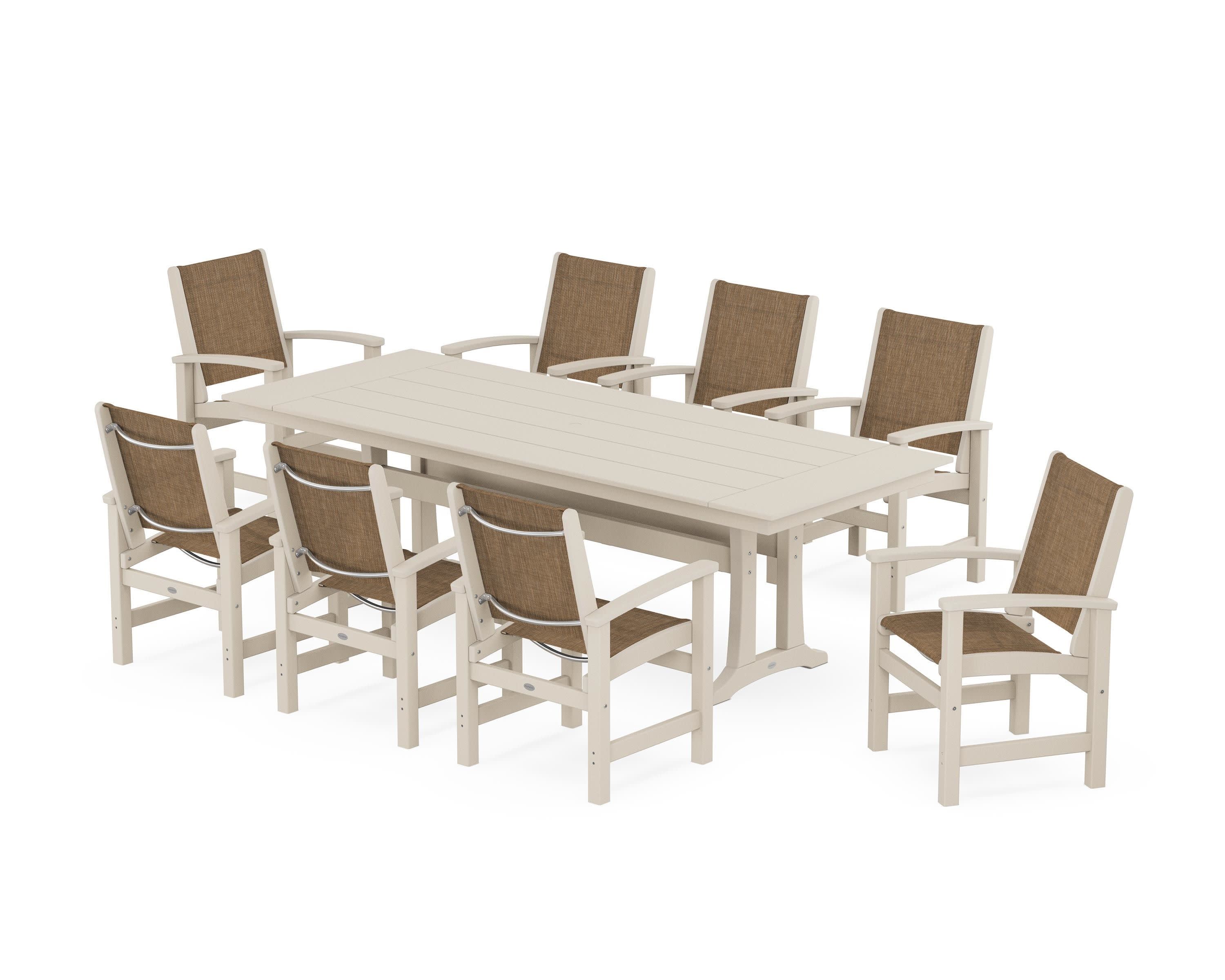 Coastal 9-Piece Farmhouse Dining Set with Trestle Legs in Sand / Burlap Sling