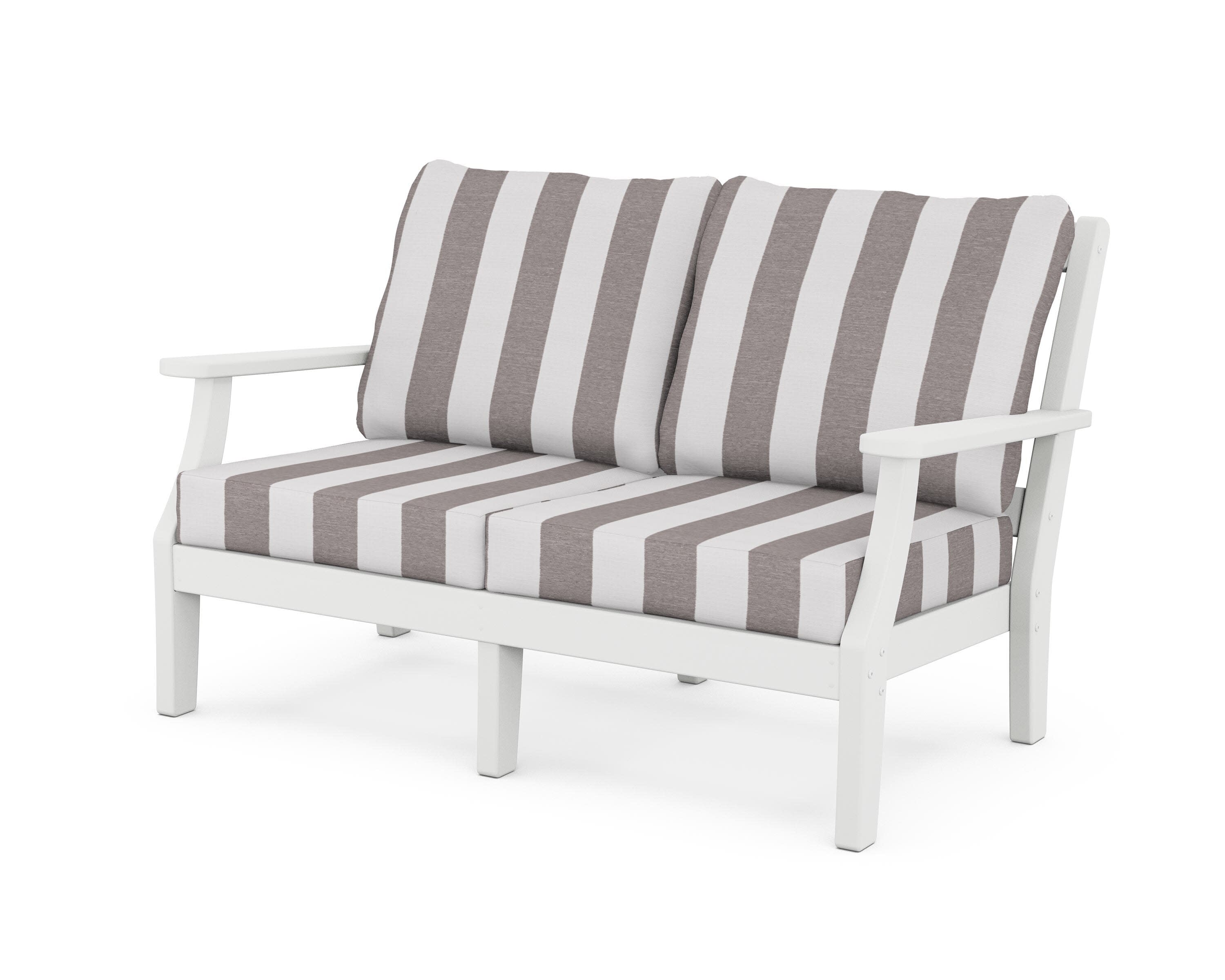 Chinoiserie Deep Seating Loveseat in White / Cabana Stripe Grey Mist