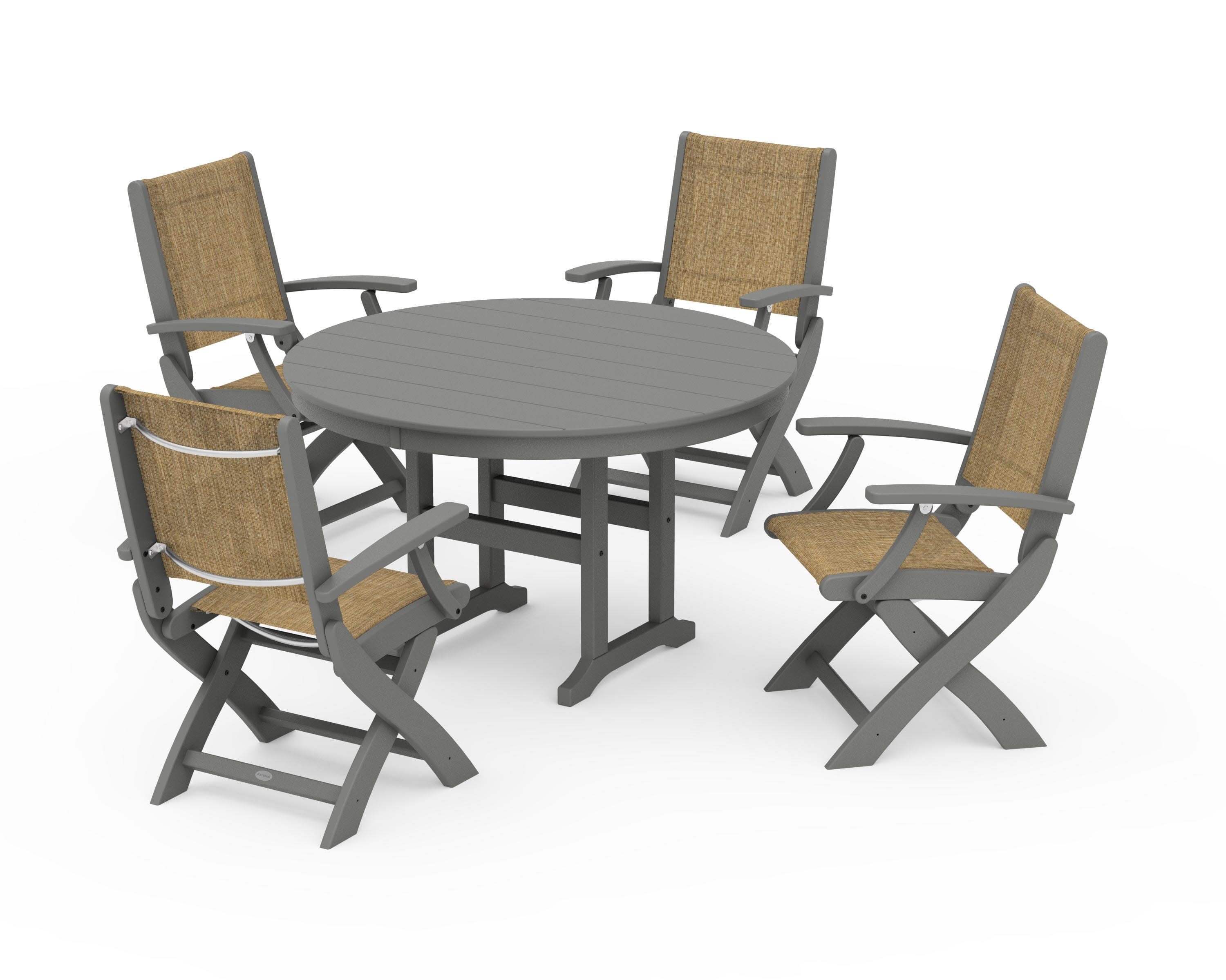 Coastal Folding Chair 5-Piece Round Dining Set in Slate Grey / Burlap Sling