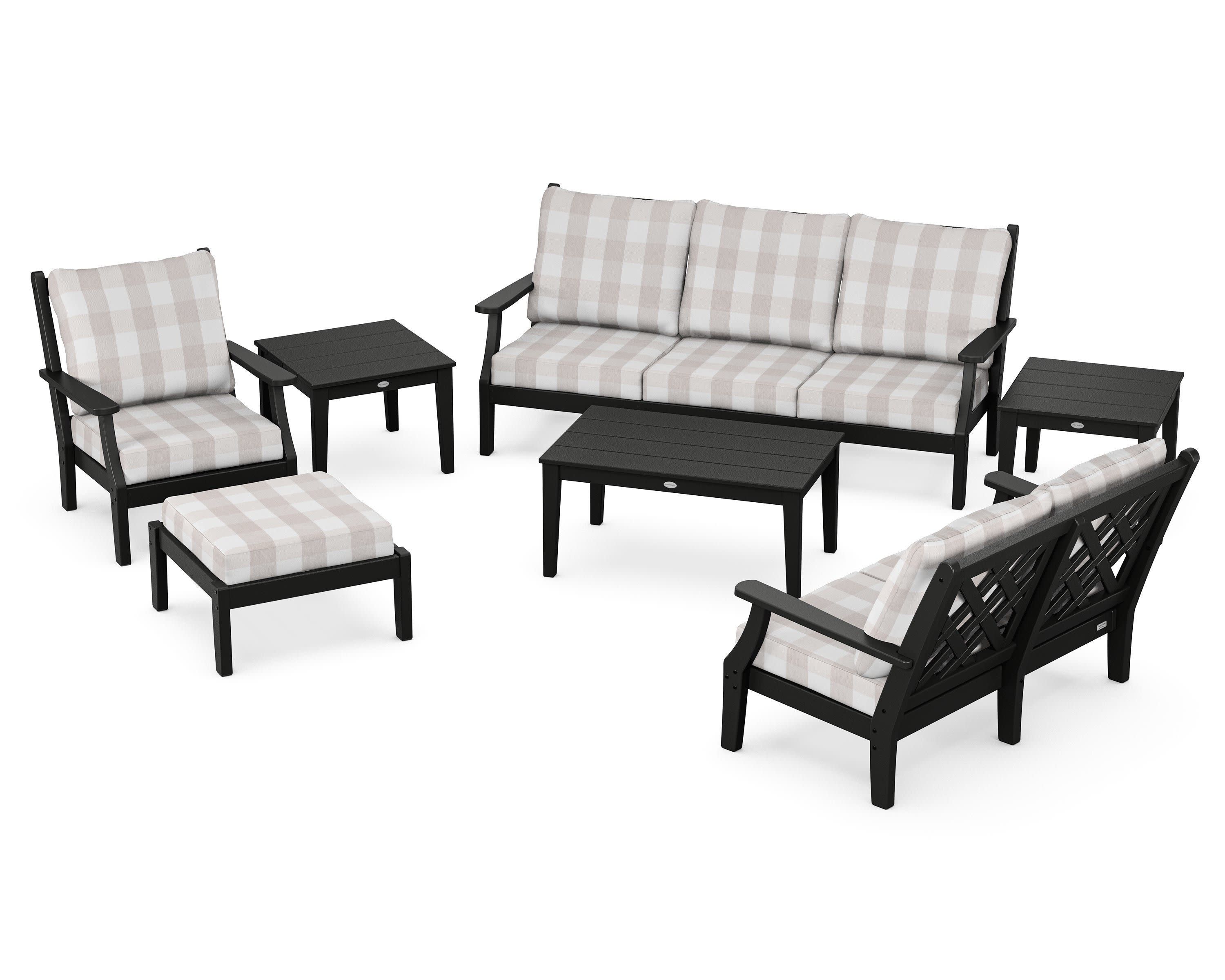 Wovendale 7-Piece Deep Seating Set in Black / Buffalo Plaid Dune Burlap