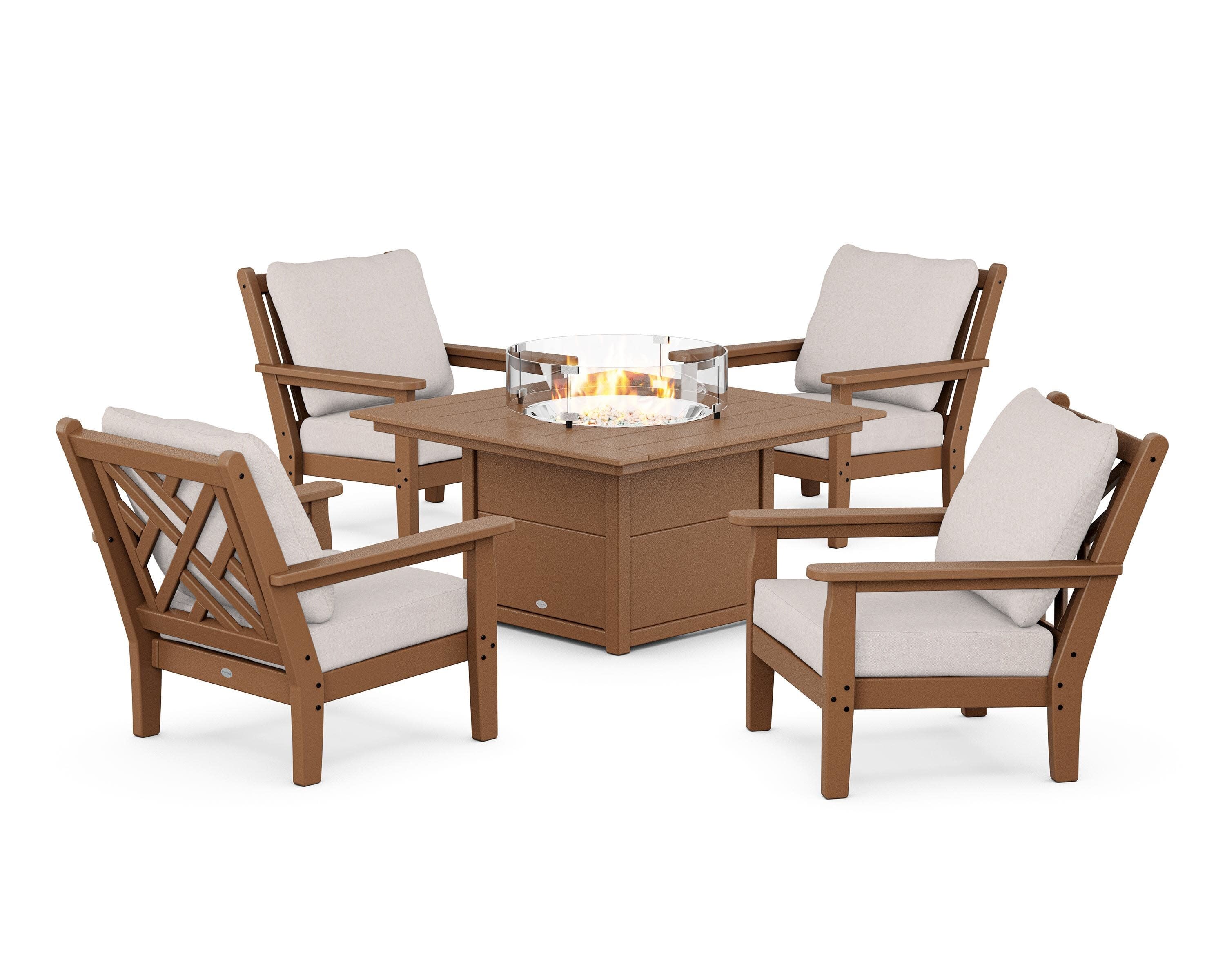 Chippendale 5-Piece Deep Seating Set with Fire Pit Table in Teak / Dune Burlap