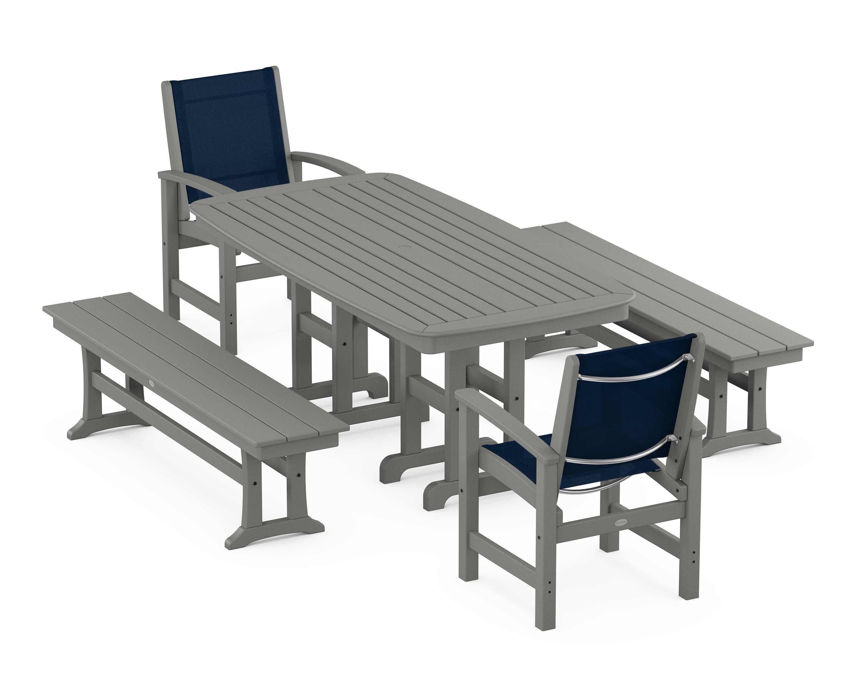 Coastal 5-Piece Dining Set in Slate Grey / Navy Blue Sling