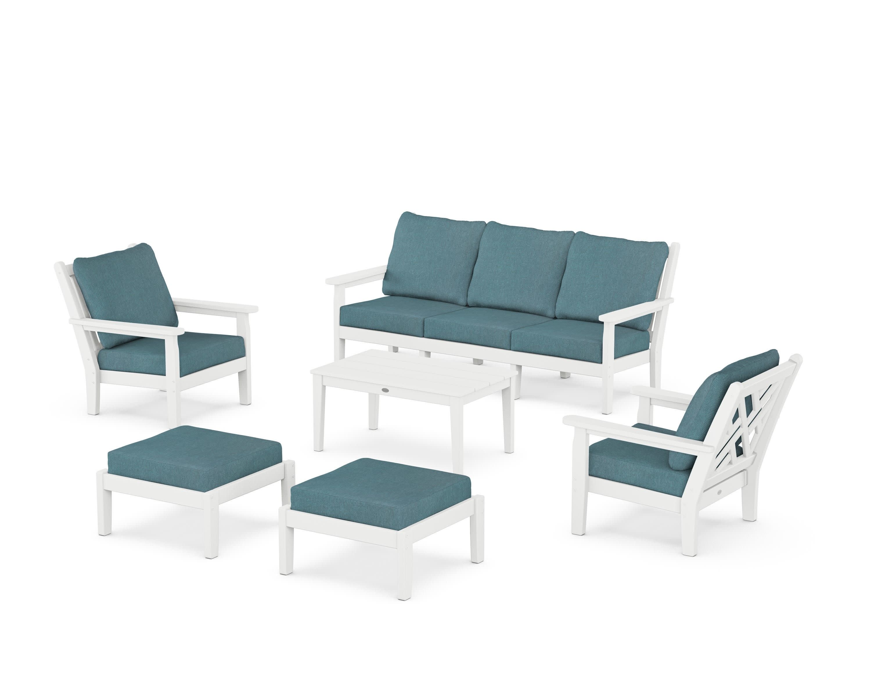 Chippendale 6-Piece Lounge Sofa Set in White / Ocean Teal