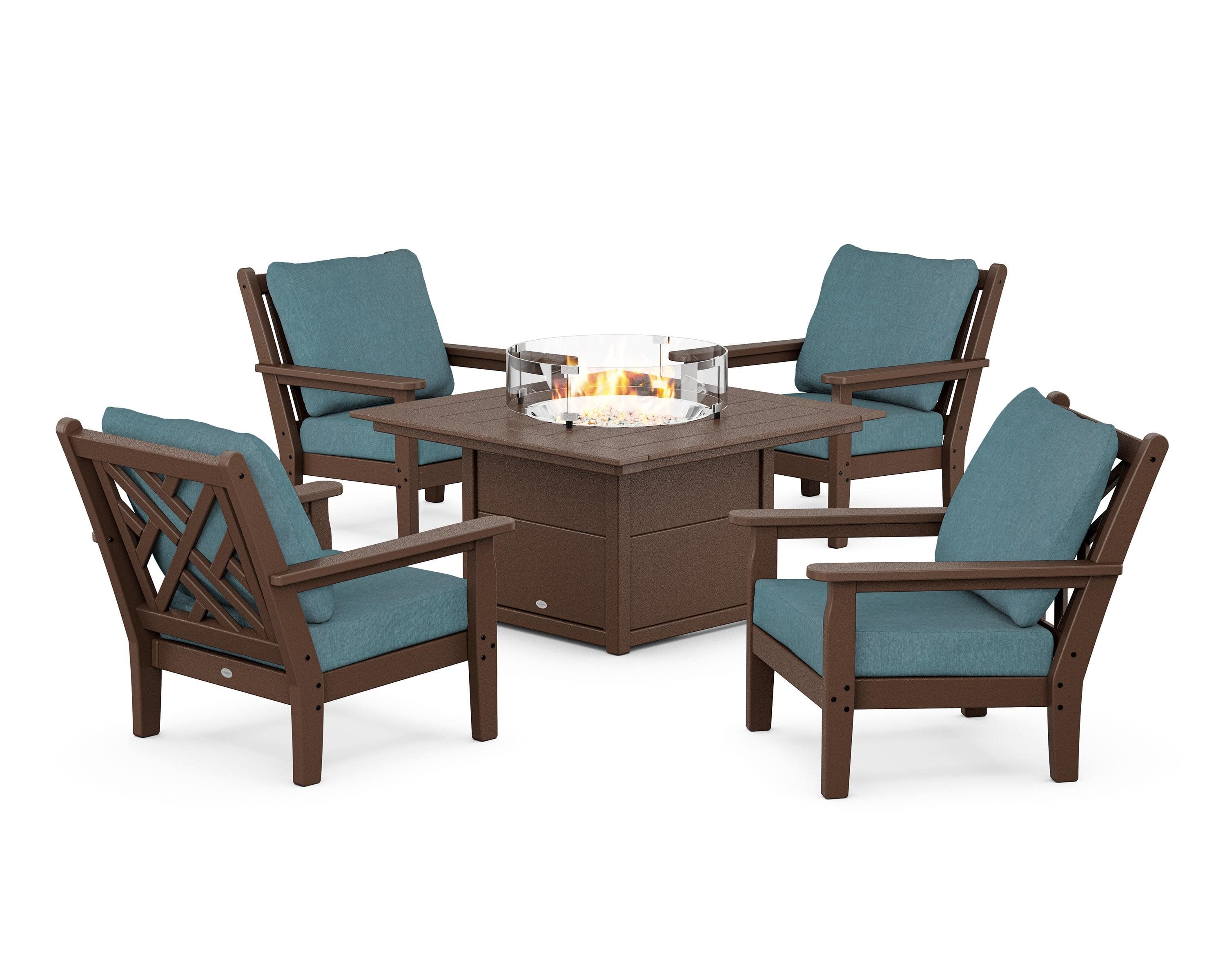 Chippendale 5-Piece Deep Seating Set with Fire Pit Table in Mahogany / Ocean Teal