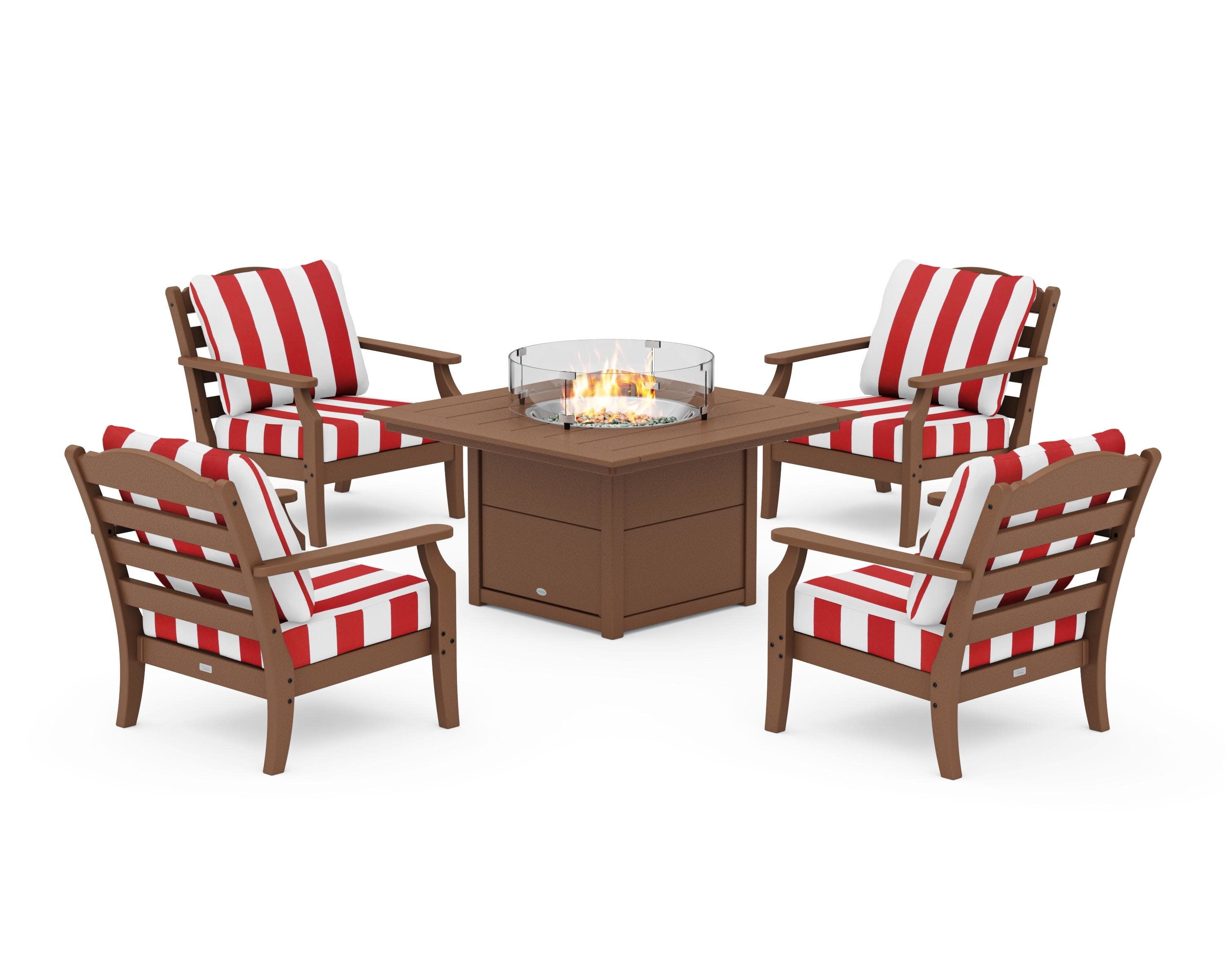 Savannah 5-Piece Deep Seating Set with Fire Pit Table in Teak / Cabana Stripe Crimson