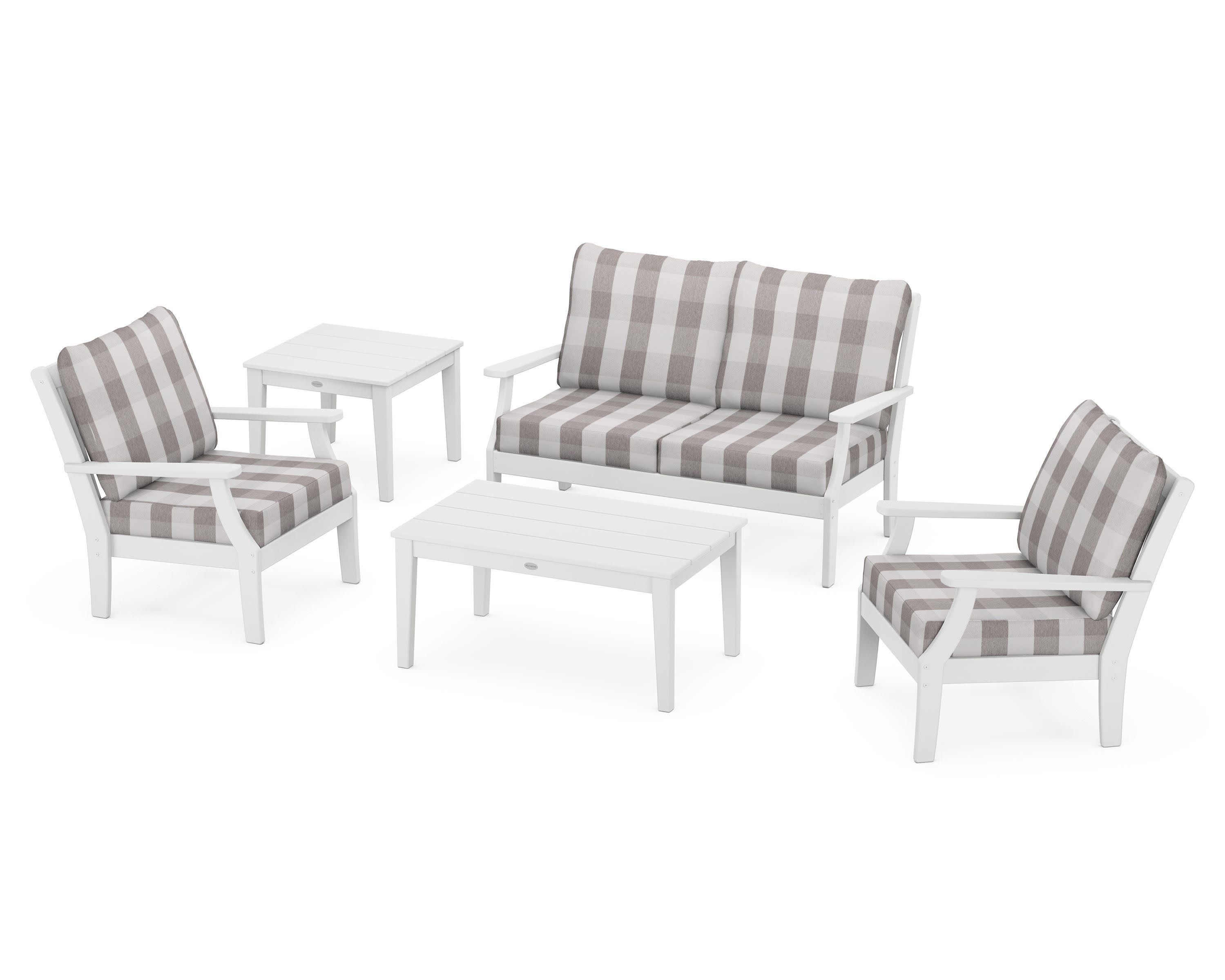 Braxton 5-Piece Deep Seating Set in White / Buffalo Plaid Grey Mist