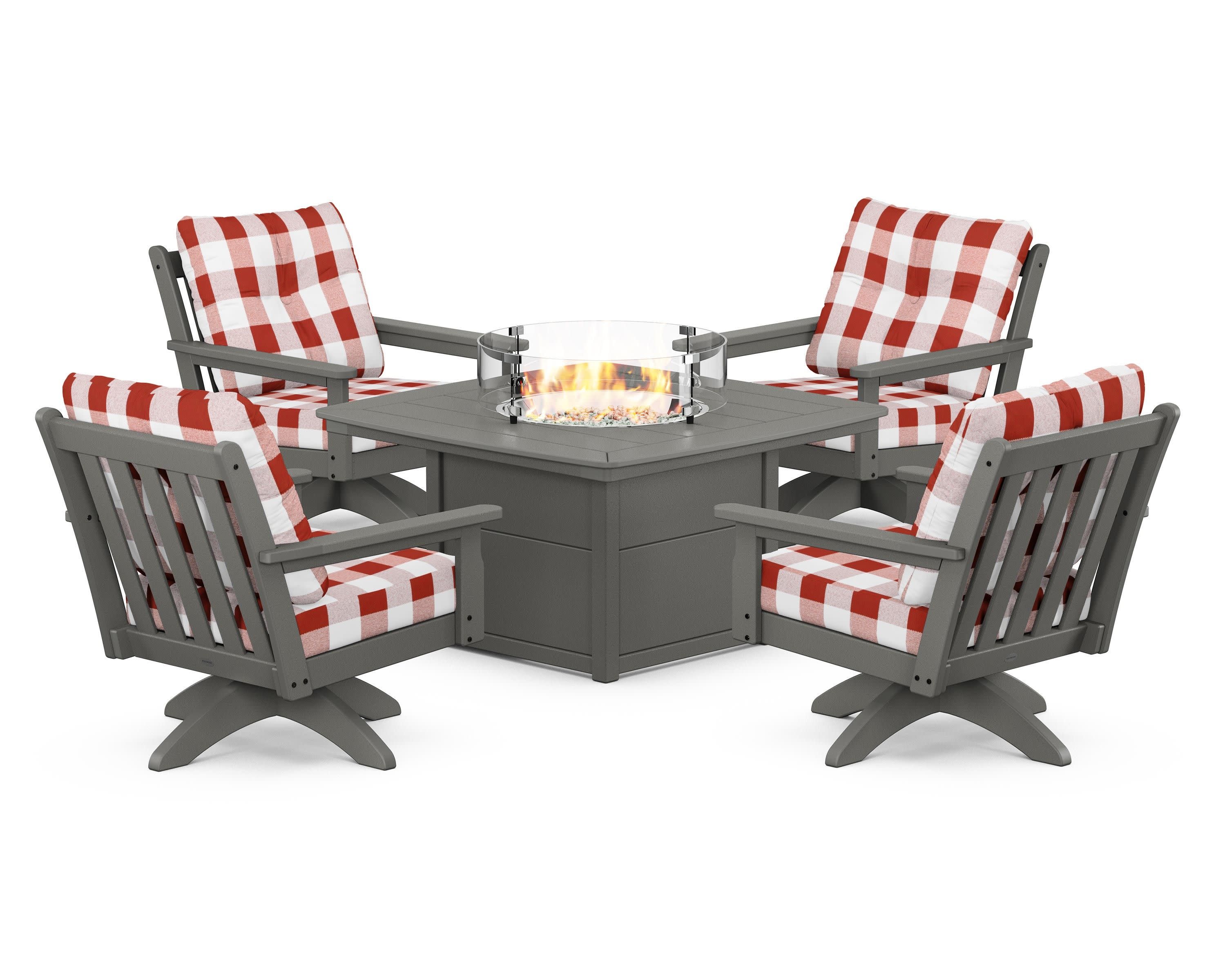 Vineyard 5-Piece Deep Seating Swivel Conversation Set with Fire Pit Table in Slate Grey / Buffalo Plaid Crimson