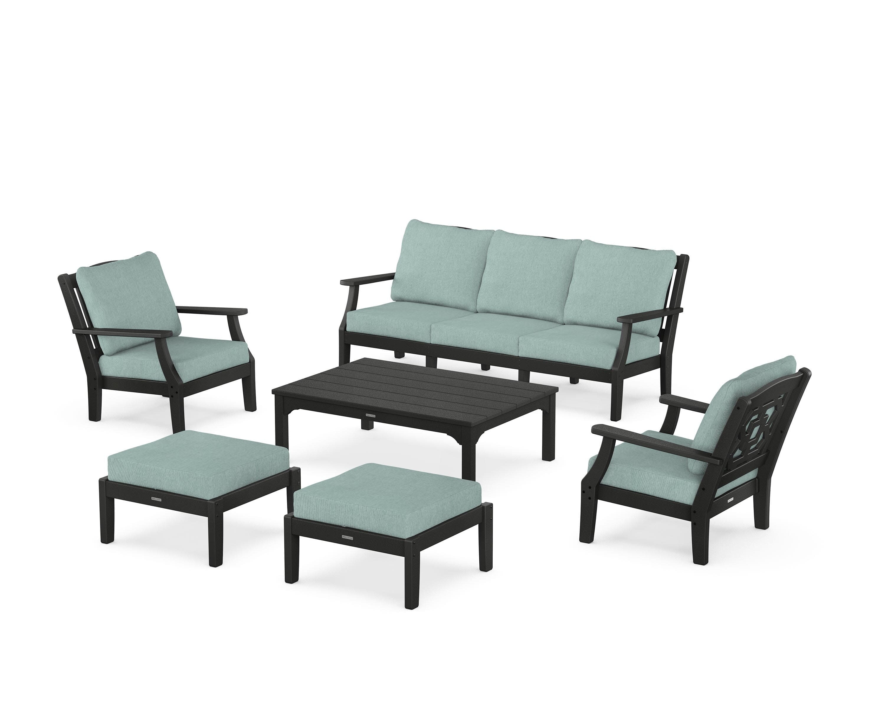 Chinoiserie 6-Piece Lounge Sofa Set in Black / Glacier Spa
