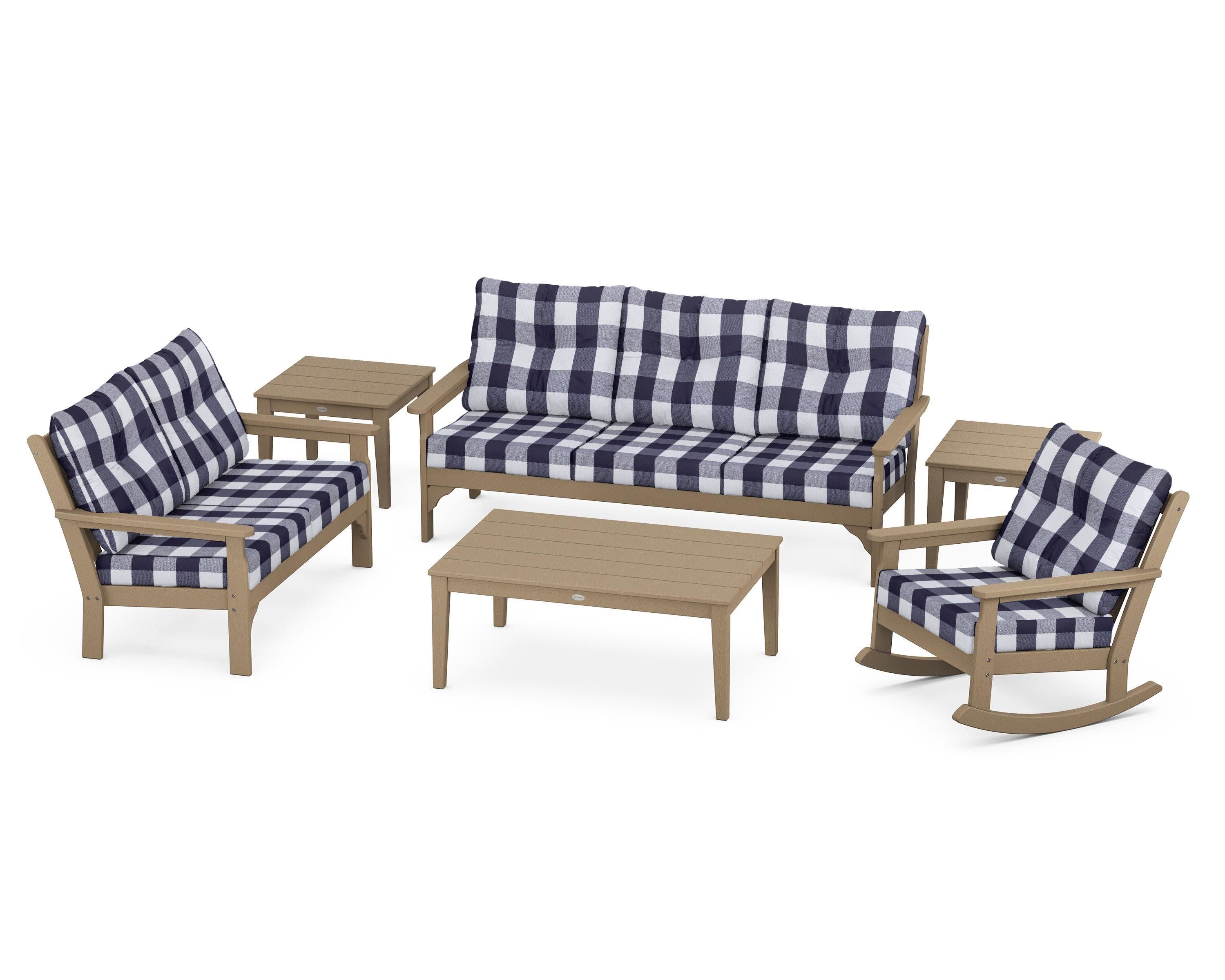 Vineyard 6-Piece Deep Seating Set in Vintage Sahara / Buffalo Plaid Navy