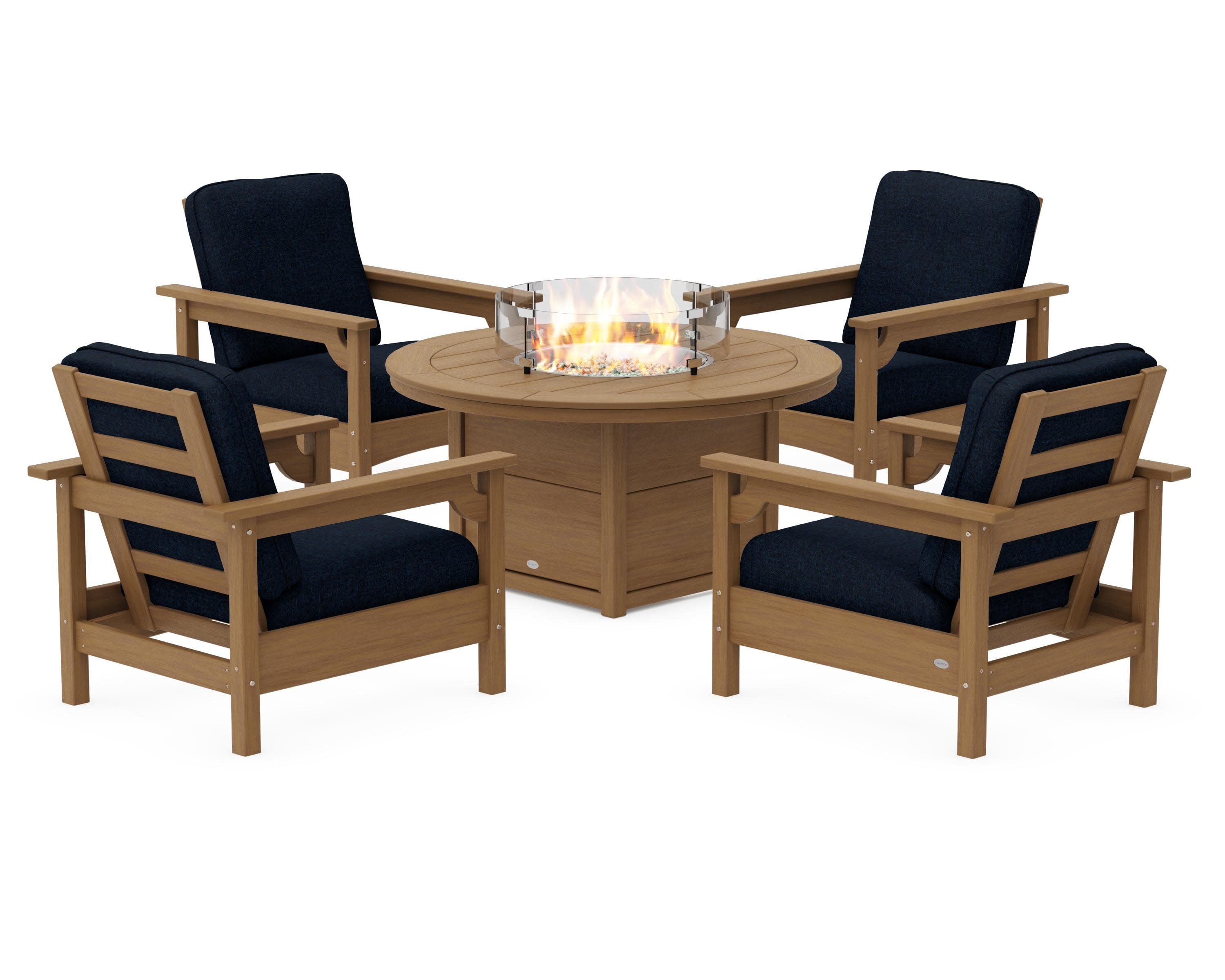 Club 5-Piece Conversation Set with Fire Pit Table in Natural / Marine Indigo