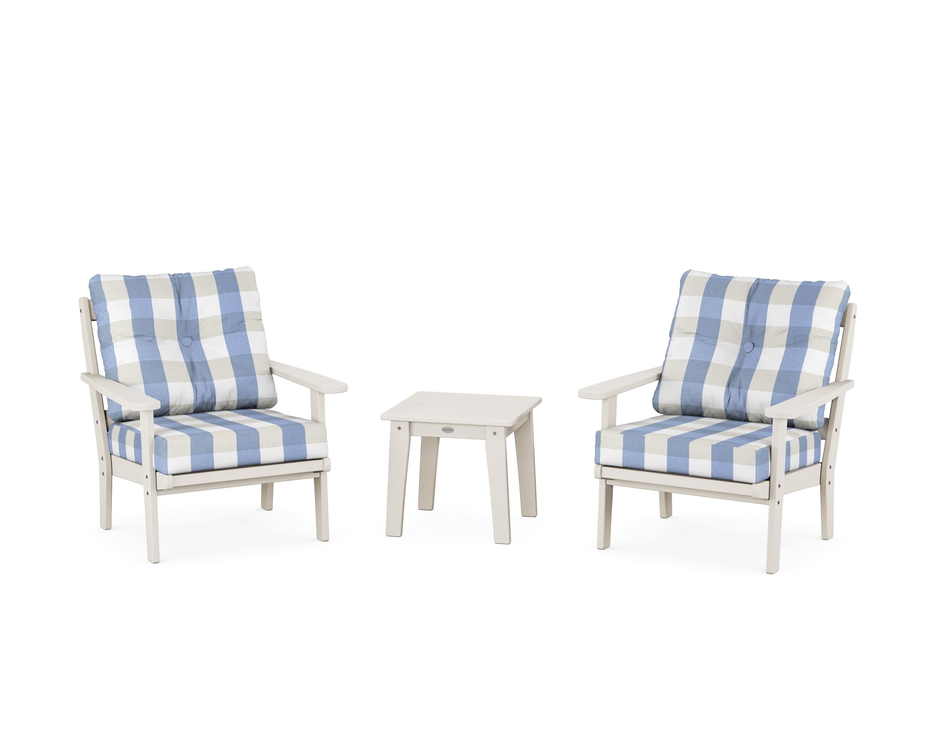 Mission 3-Piece Deep Seating Set in Sand / Buffalo Plaid Sky Blue