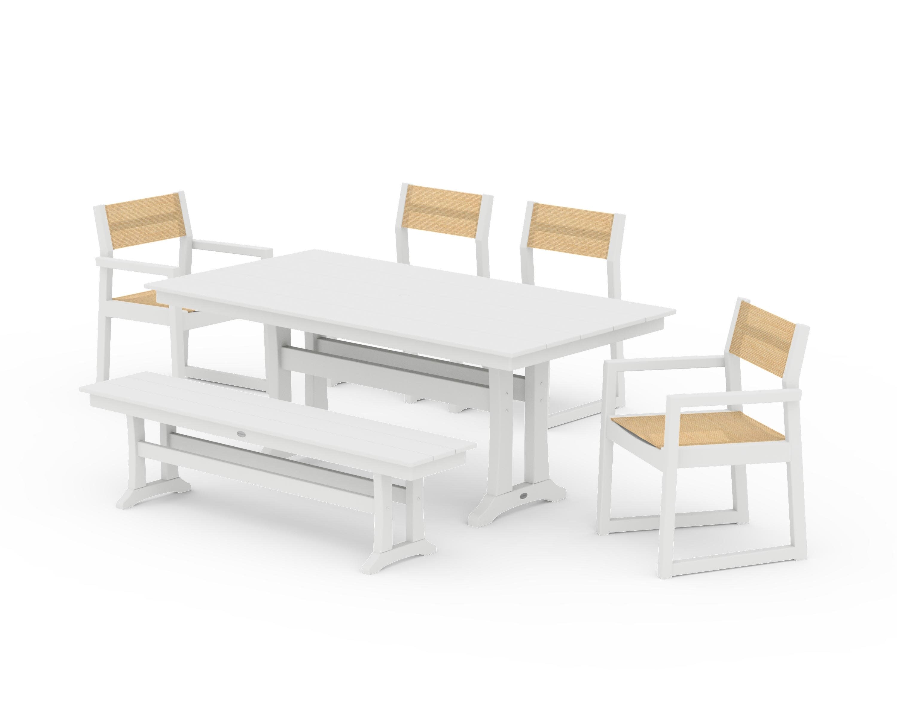 EDGE Sling 6-Piece Farmhouse Dining Set With Trestle Legs in White / Dupioni Apricot Sling