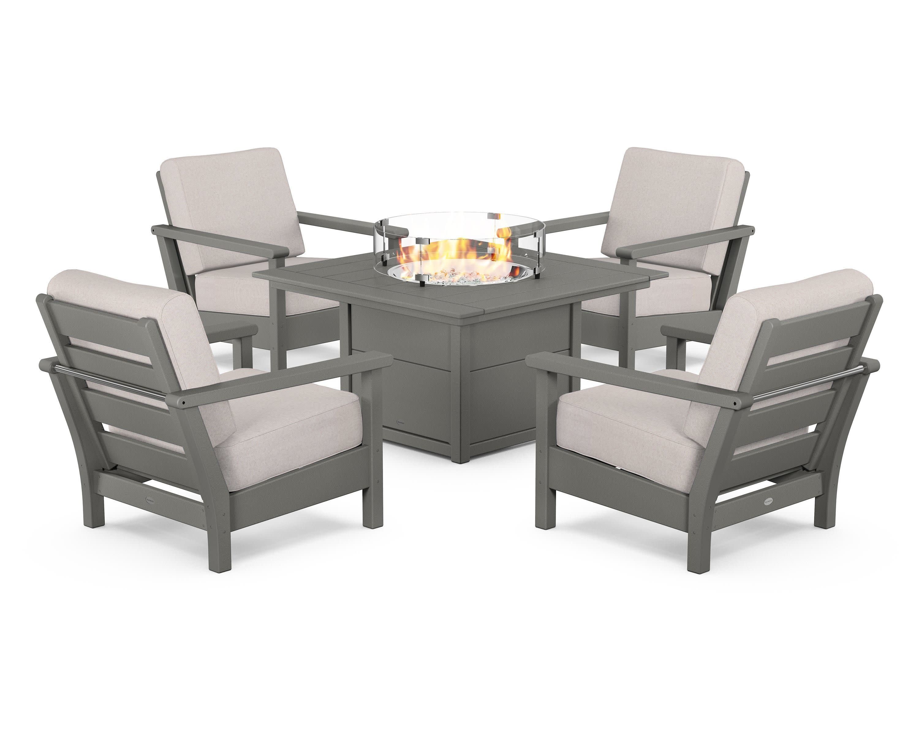 Harbour 5-Piece Conversation Set with Fire Pit Table in Slate Grey / Dune Burlap