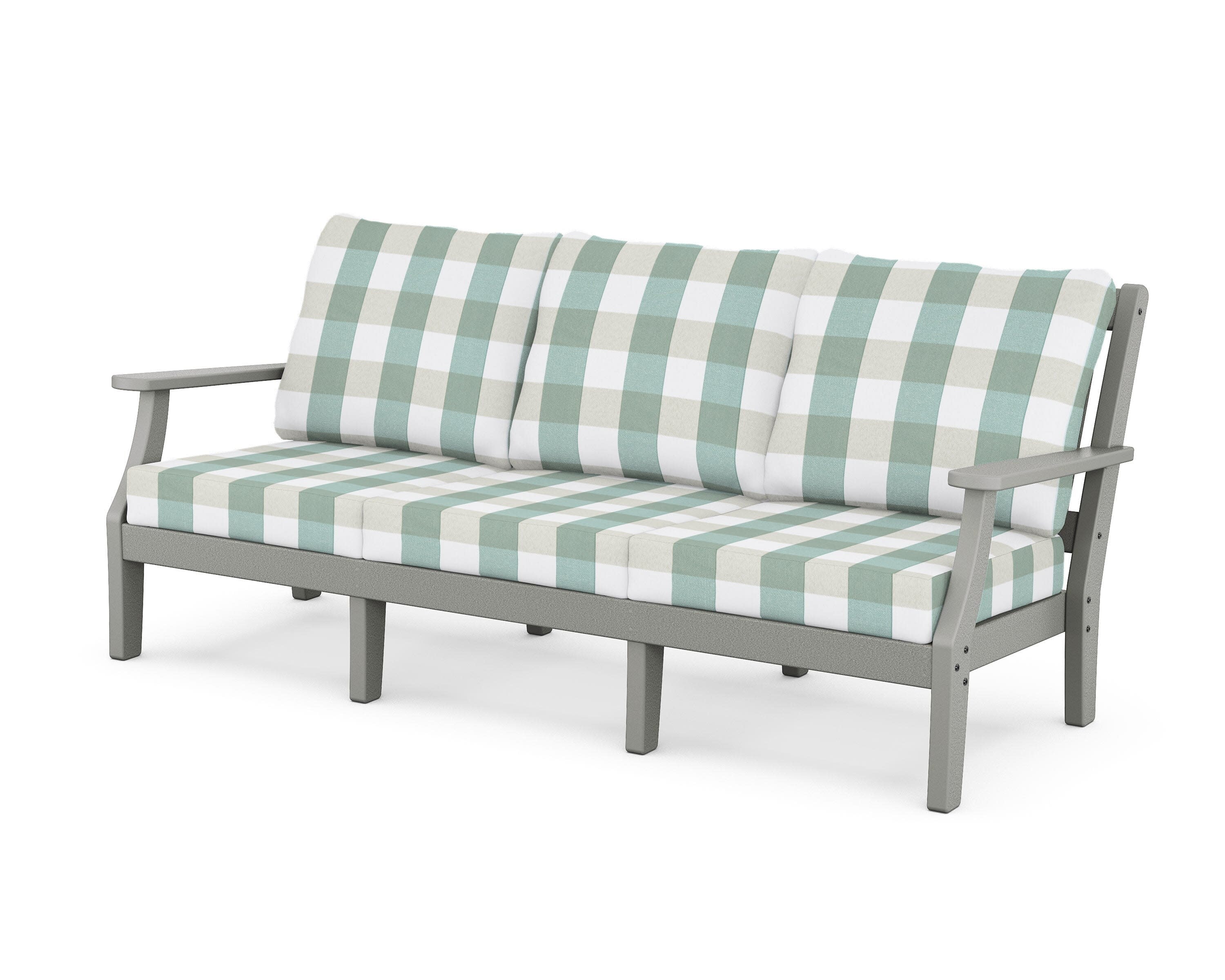 Chinoiserie Deep Seating Sofa in Slate Grey / Buffalo Plaid Glacier Spa