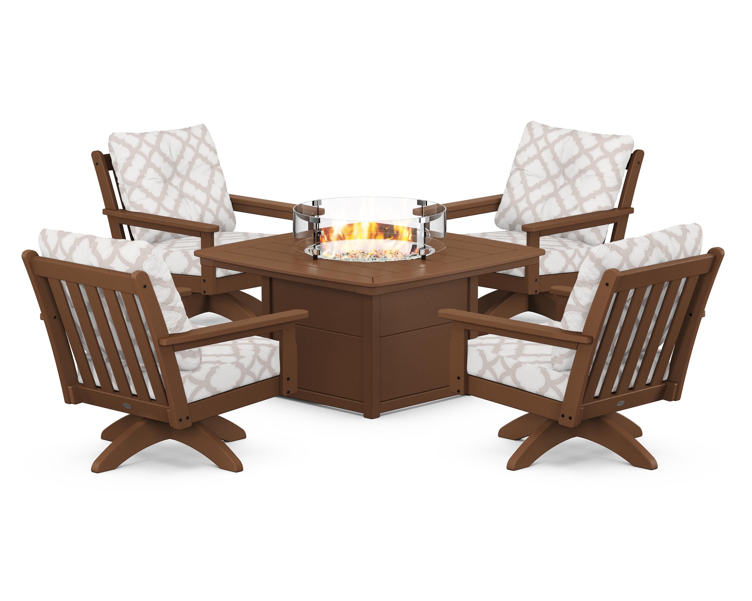 Vineyard 5-Piece Deep Seating Swivel Conversation Set with Fire Pit Table in Teak / Trellis Dune Burlap