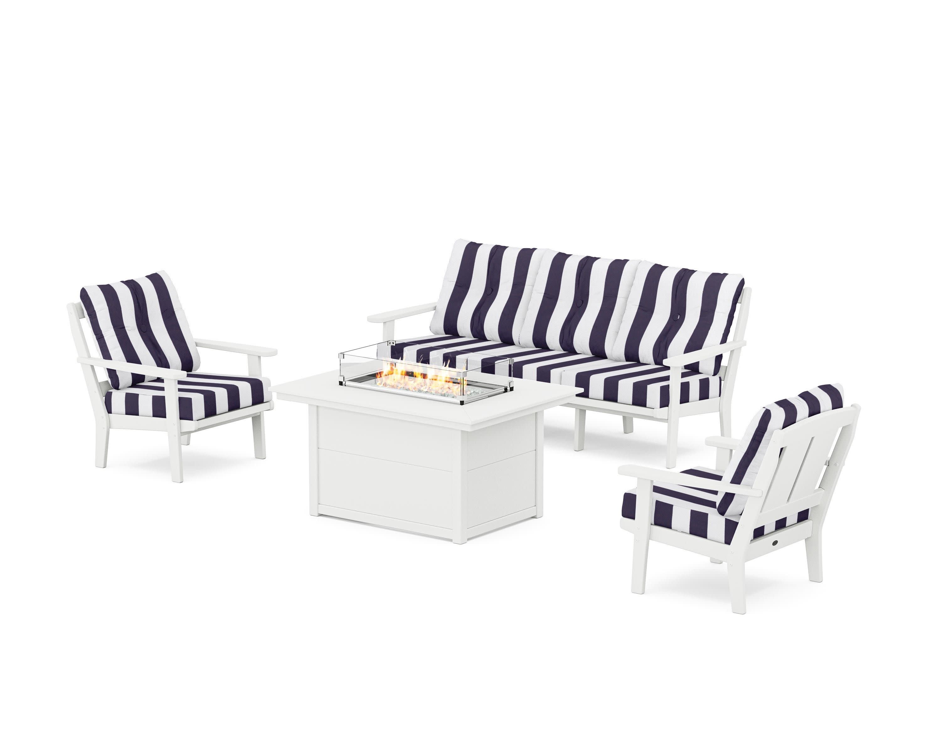 Mission Deep Seating Fire Pit Table Set in White / Cabana Stripe Navy