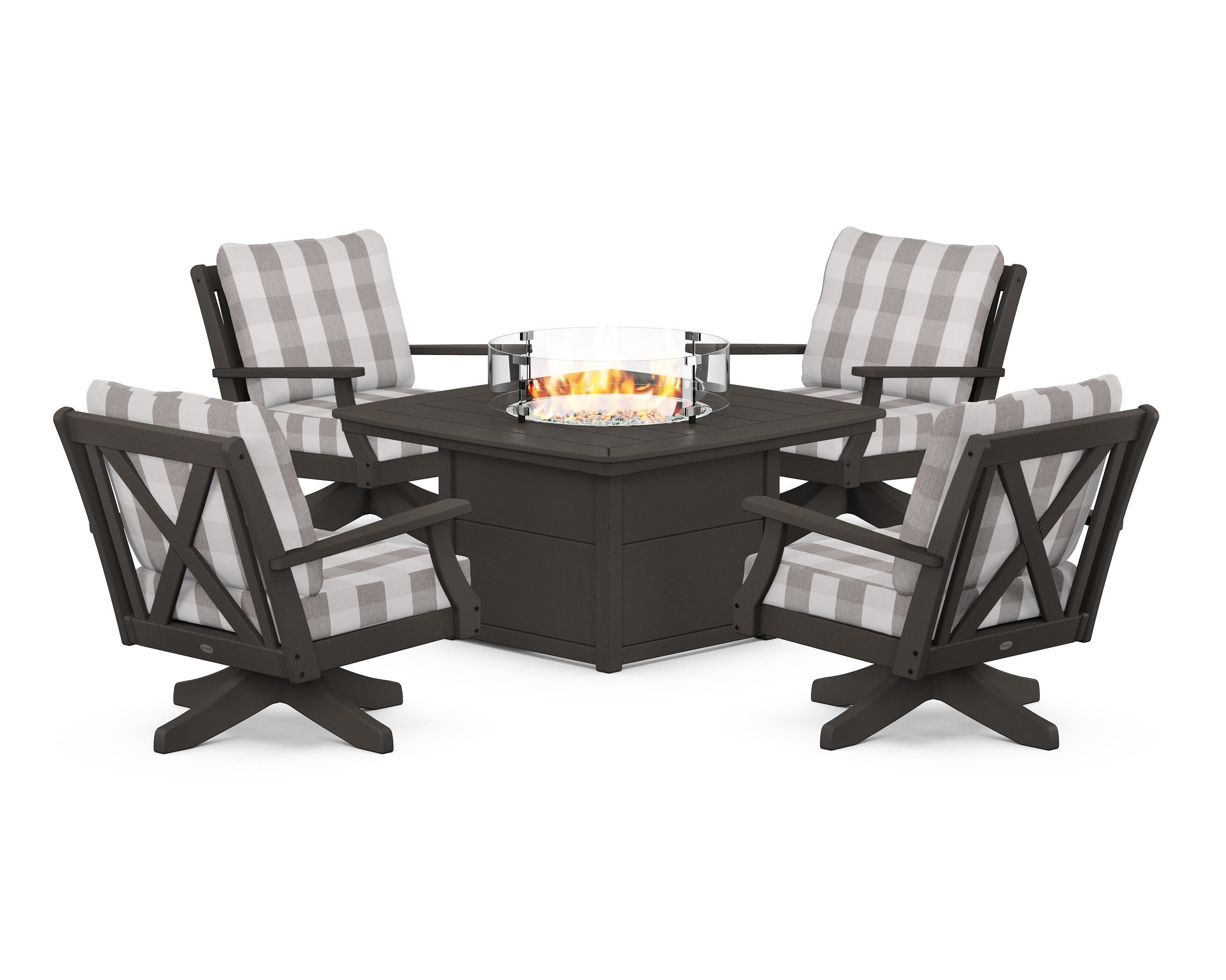 Braxton 5-Piece Deep Seating Swivel Conversation Set with Fire Pit Table in Vintage Coffee / Buffalo Plaid Grey Mist