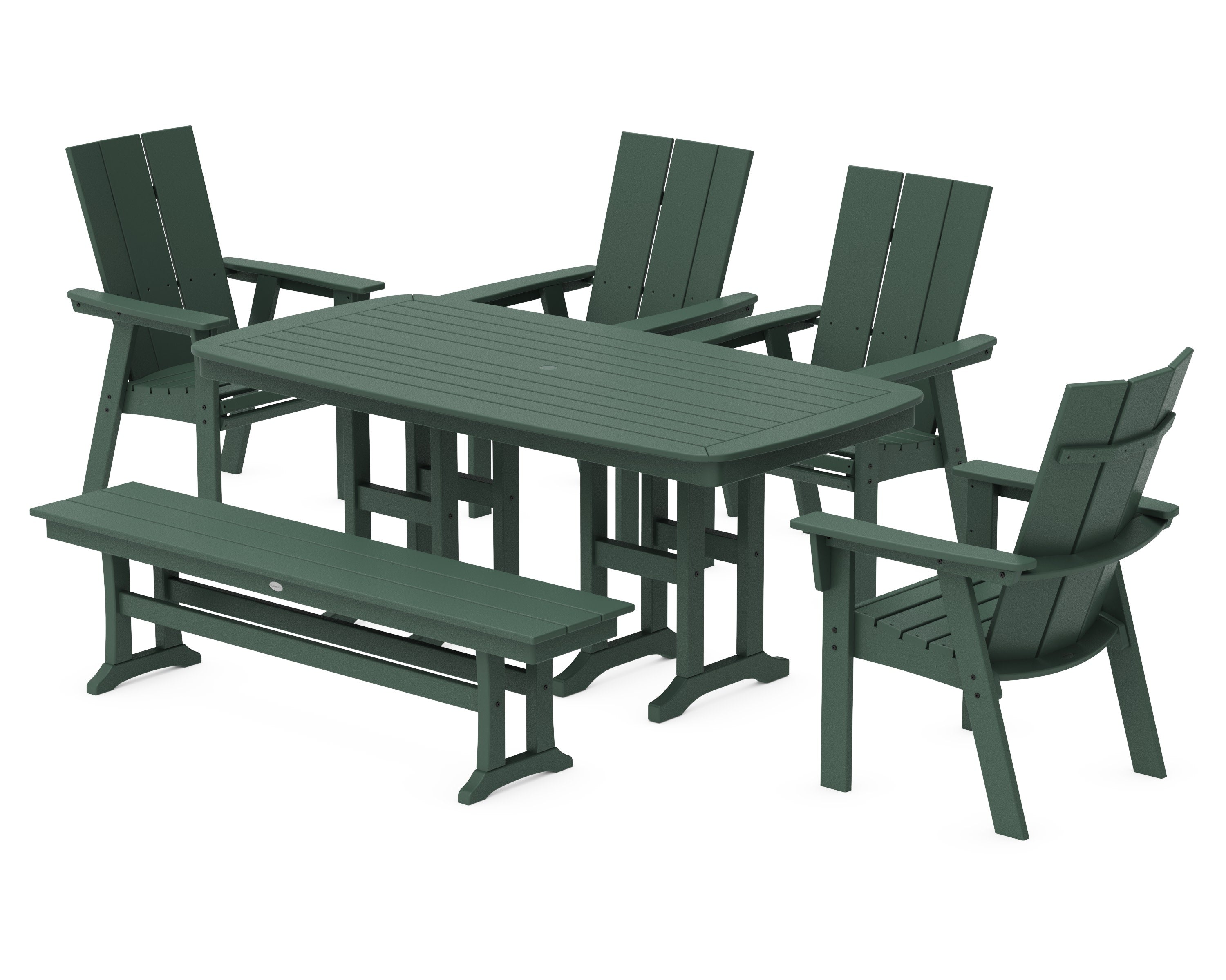 Modern Curveback Adirondack 6-Piece Dining Set with Bench in Green