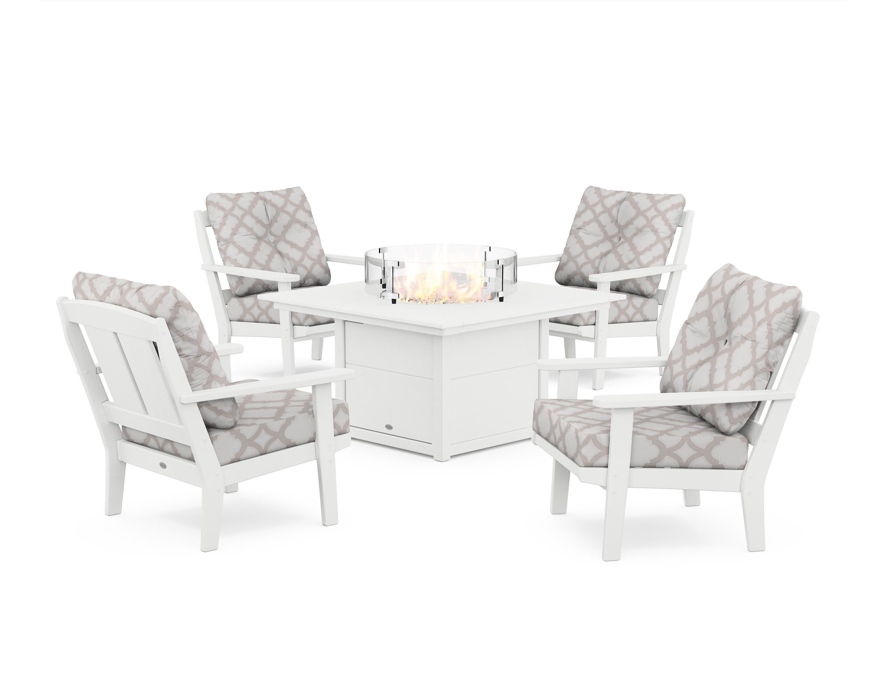 Mission 5-Piece Deep Seating Set with Fire Pit Table in White / Trellis Dune Burlap
