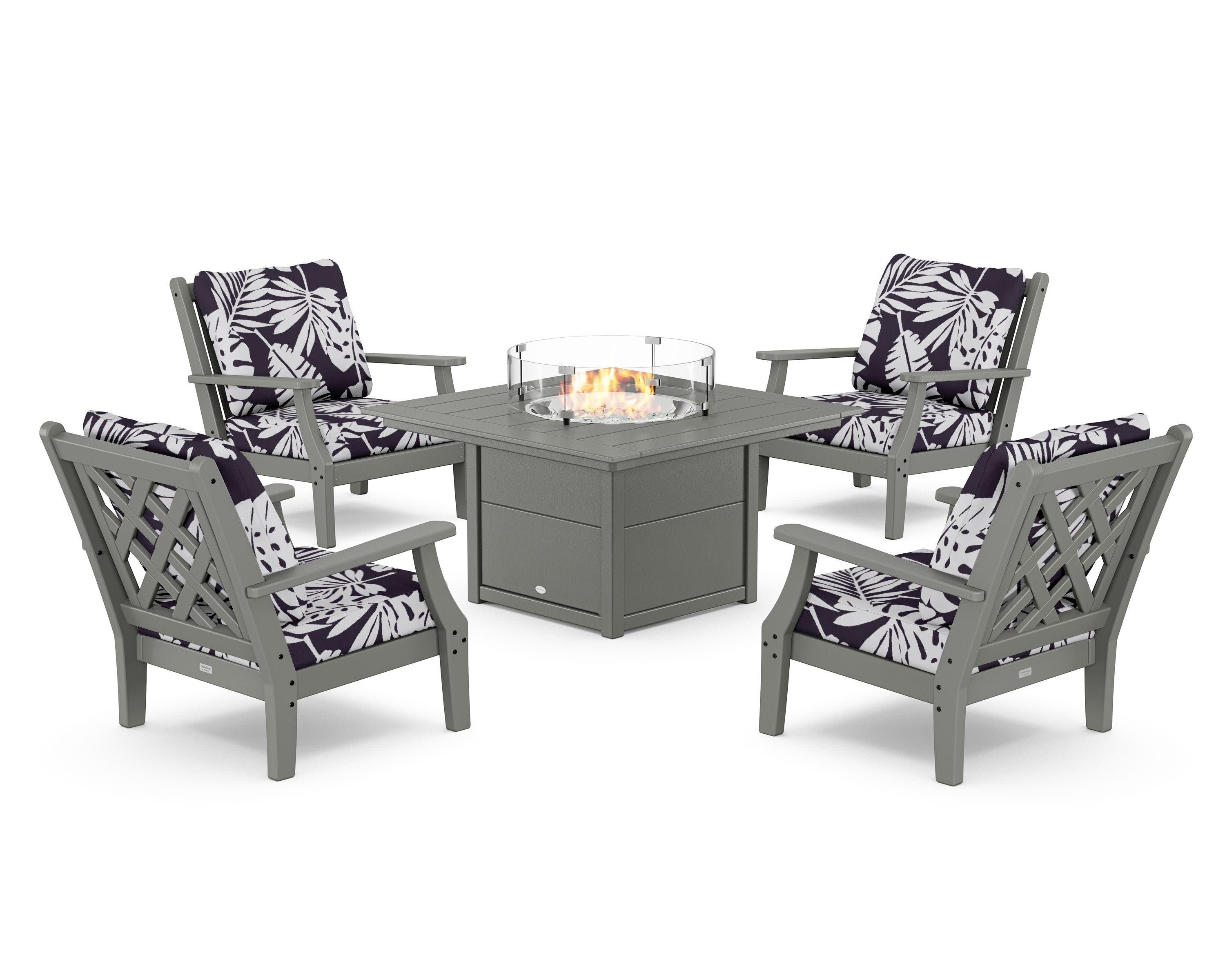 Wovendale 5-Piece Deep Seating Set with Fire Pit Table in Slate Grey / Leaf Navy