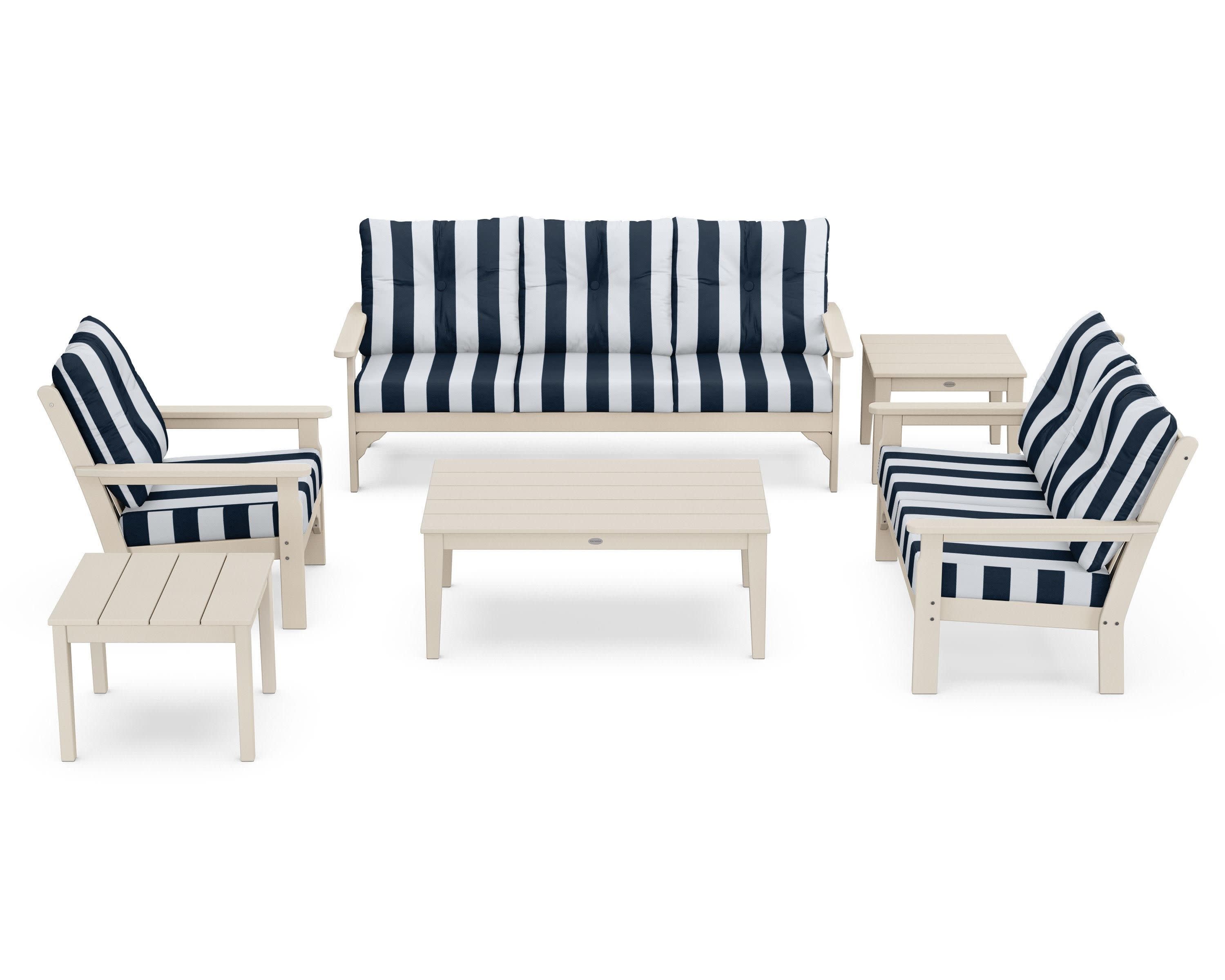 Vineyard 6-Piece Deep Seating Set in Sand / Cabana Stripe Marine Indigo