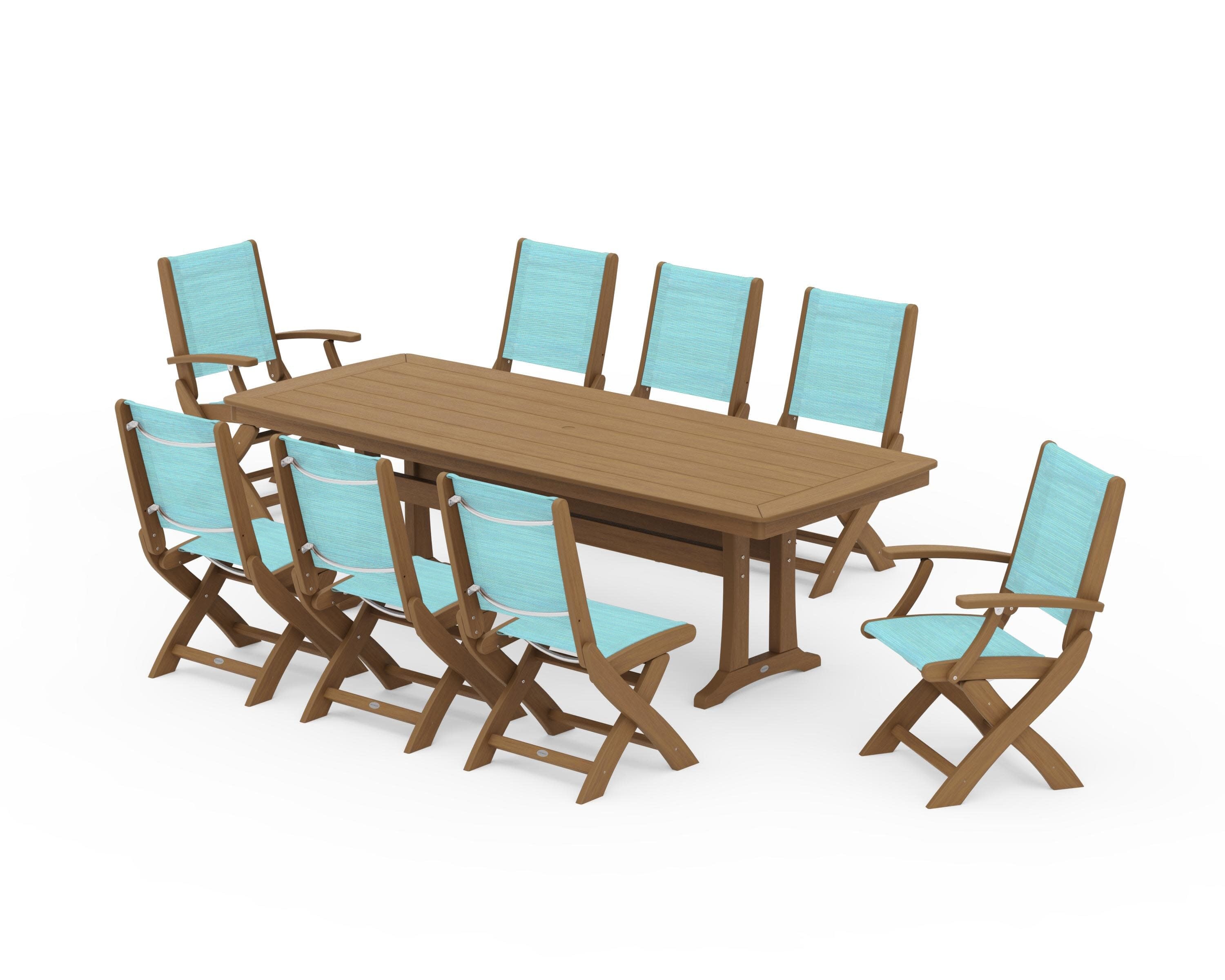 Coastal Folding 9-Piece Dining Set with Trestle Legs in Natural / Dupioni Aquamarine Sling