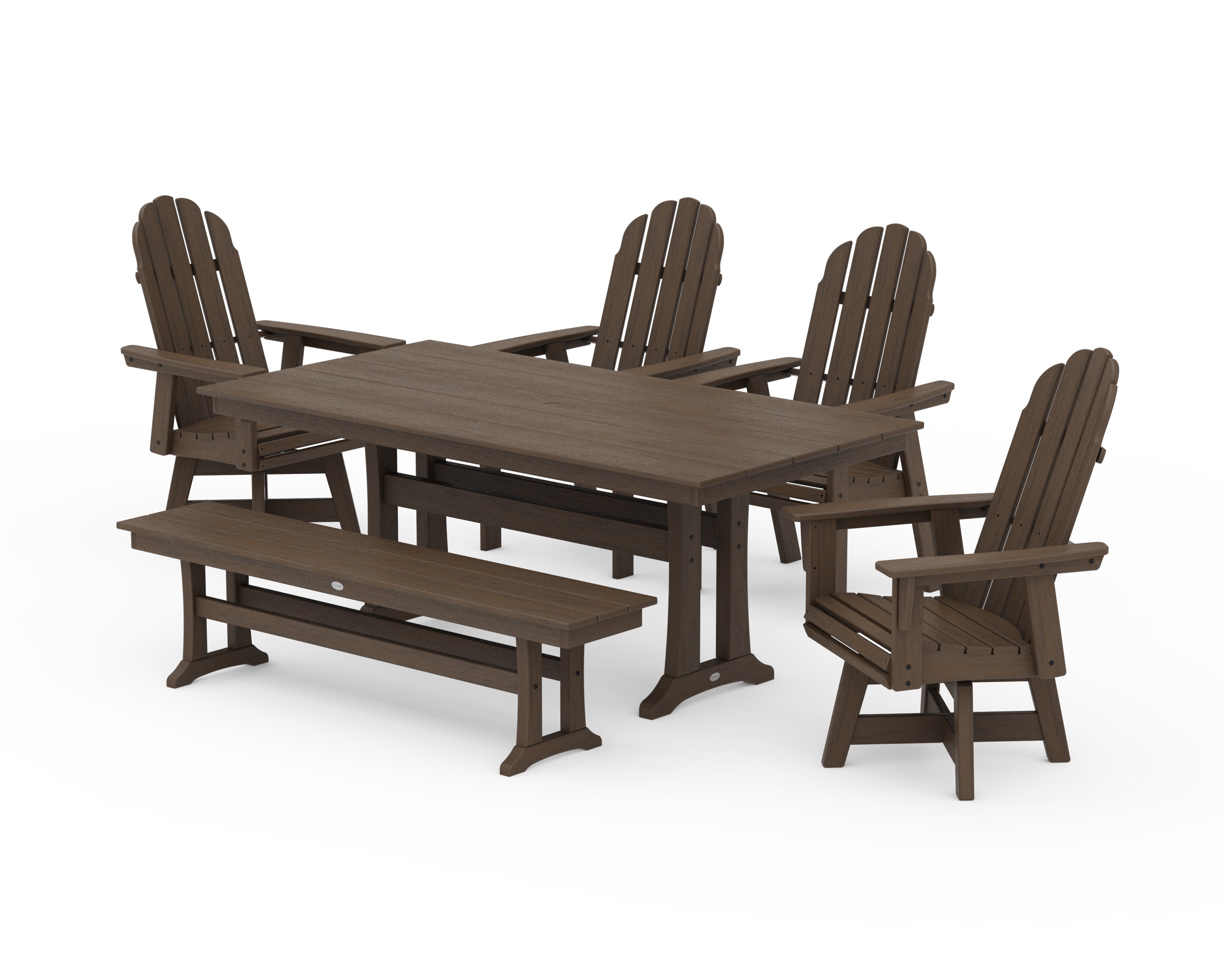 Vineyard Curveback Adirondack 6-Piece Swivel Chair Farmhouse Dining Set with Trestle Legs and Bench in Kona