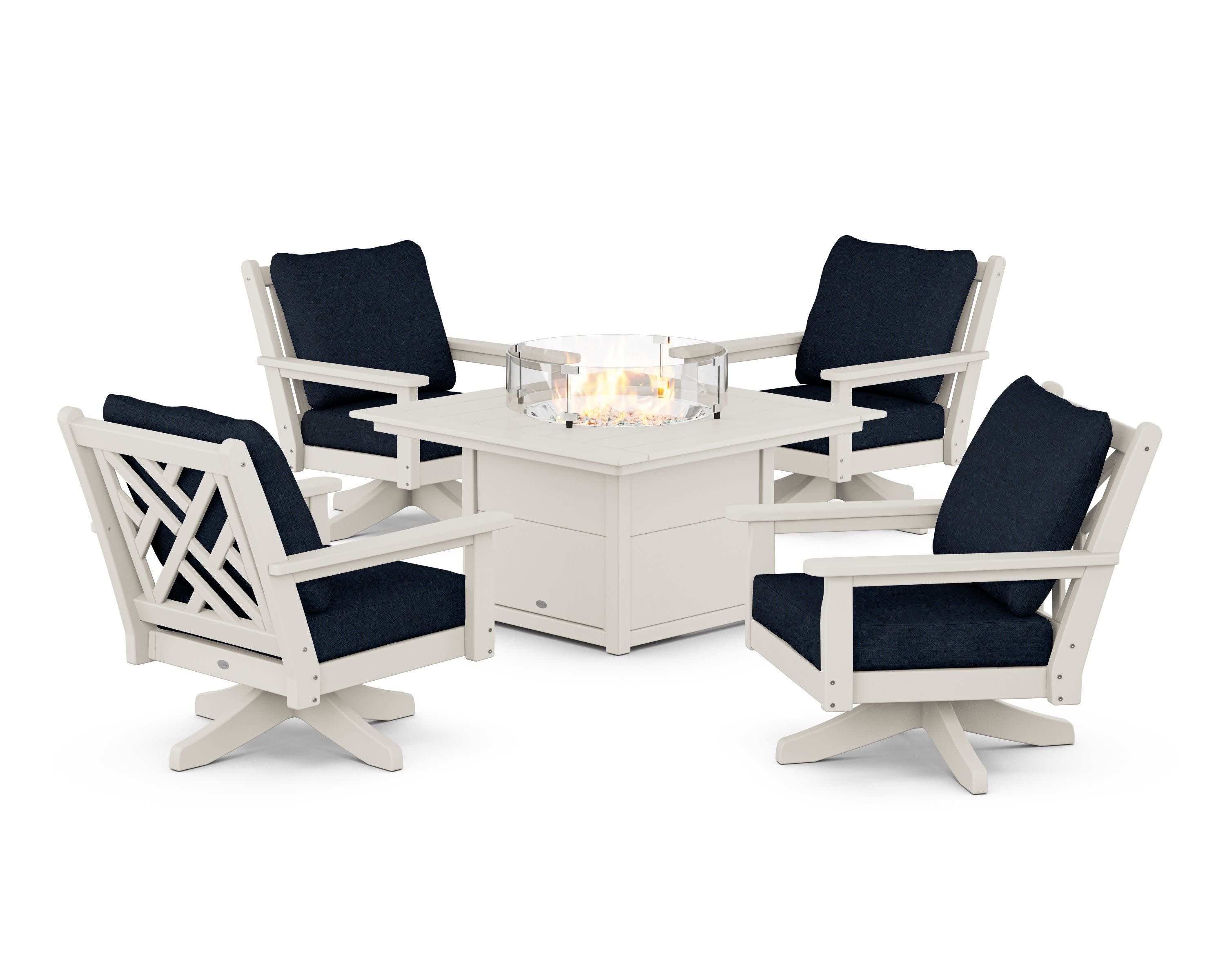 Chippendale 5-Piece Deep Seating Swivel Conversation Set with Fire Pit Table in Sand / Marine Indigo