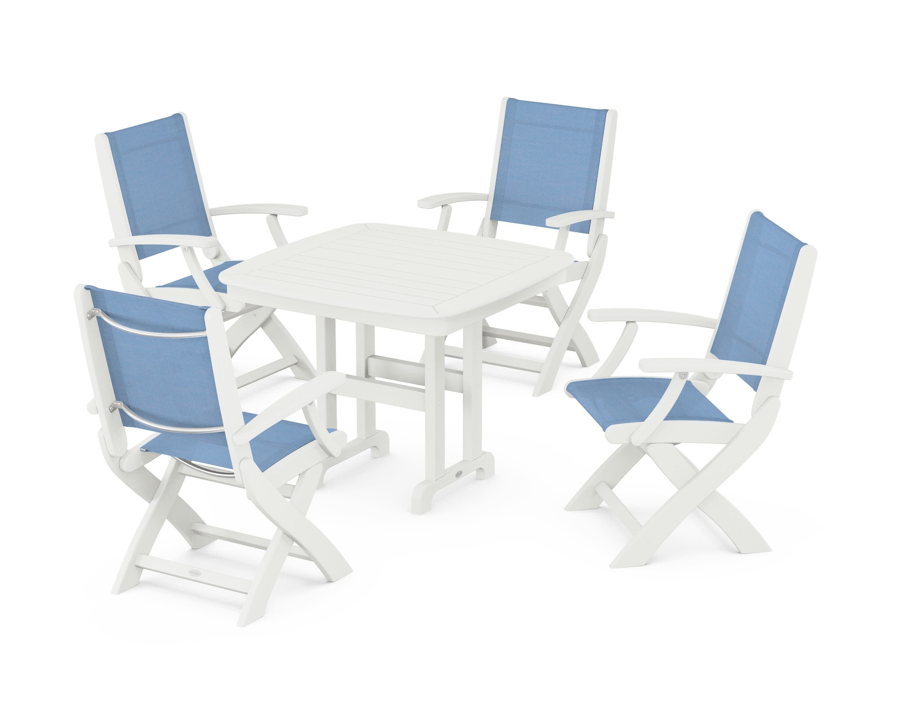 Coastal Folding Chair 5-Piece Dining Set in Vintage White / Poolside Sling