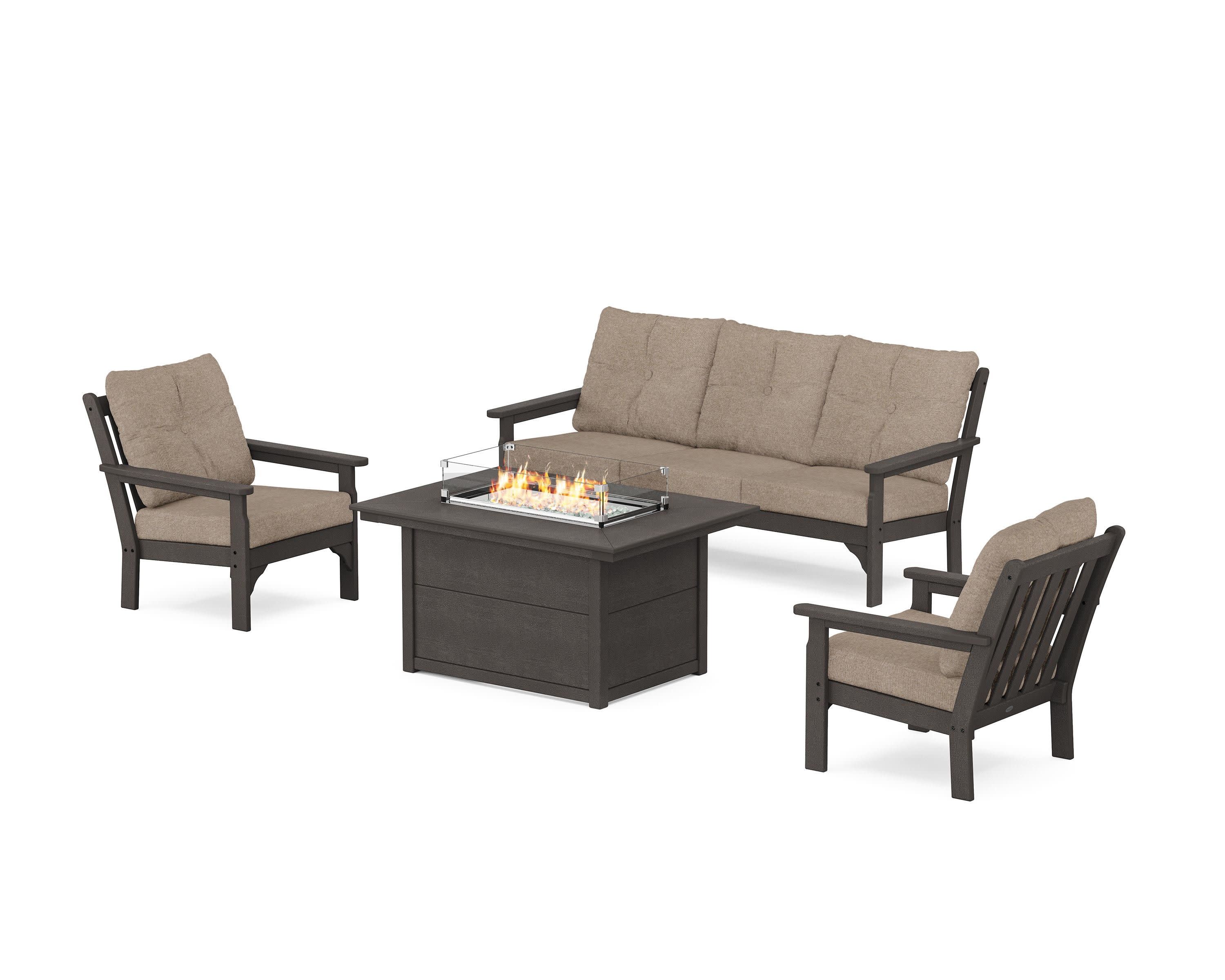 Vineyard Deep Seating Fire Pit Table Set in Vintage Coffee / Spiced Burlap