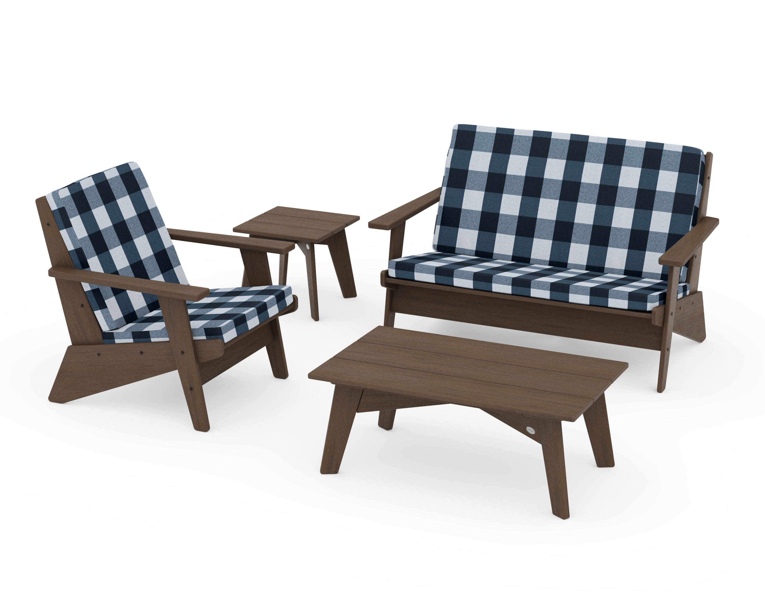 Riviera Modern Lounge 4-Piece Set in Kona / Buffalo Plaid Marine Indigo