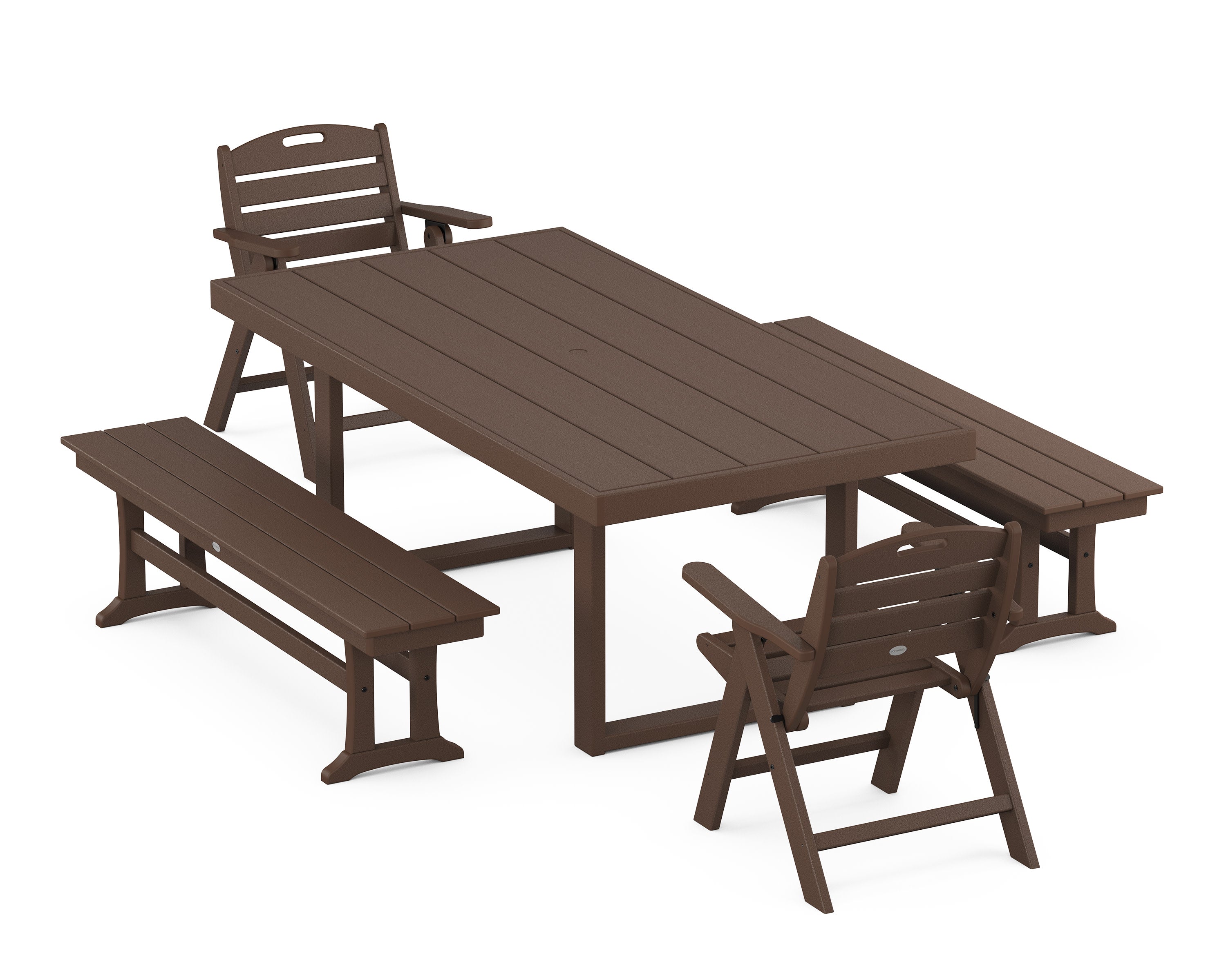 Nautical Lowback 5-Piece Dining Set with Benches in Mahogany