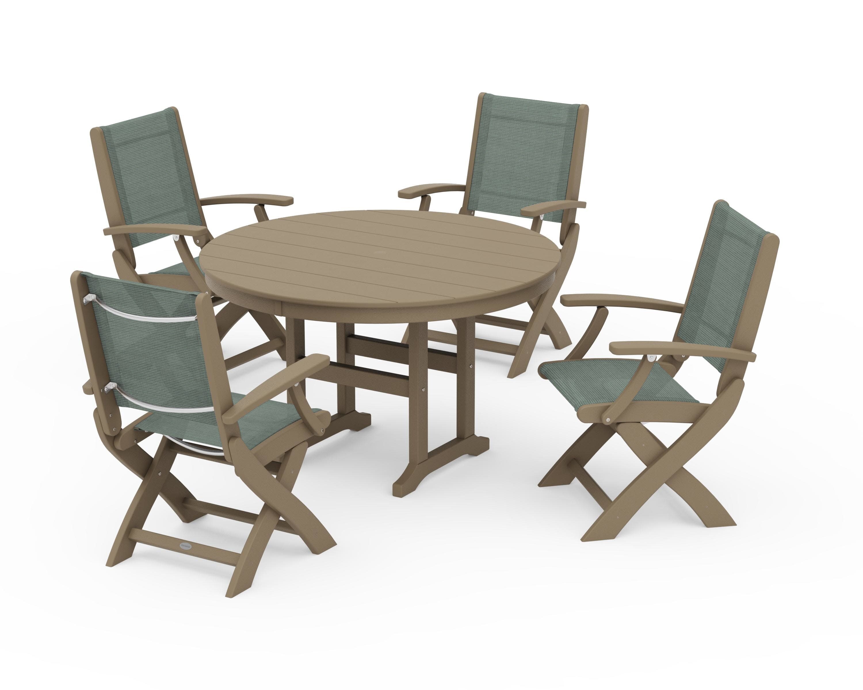 Coastal Folding Chair 5-Piece Round Dining Set in Vintage Sahara / Dupioni Sea Mist Sling