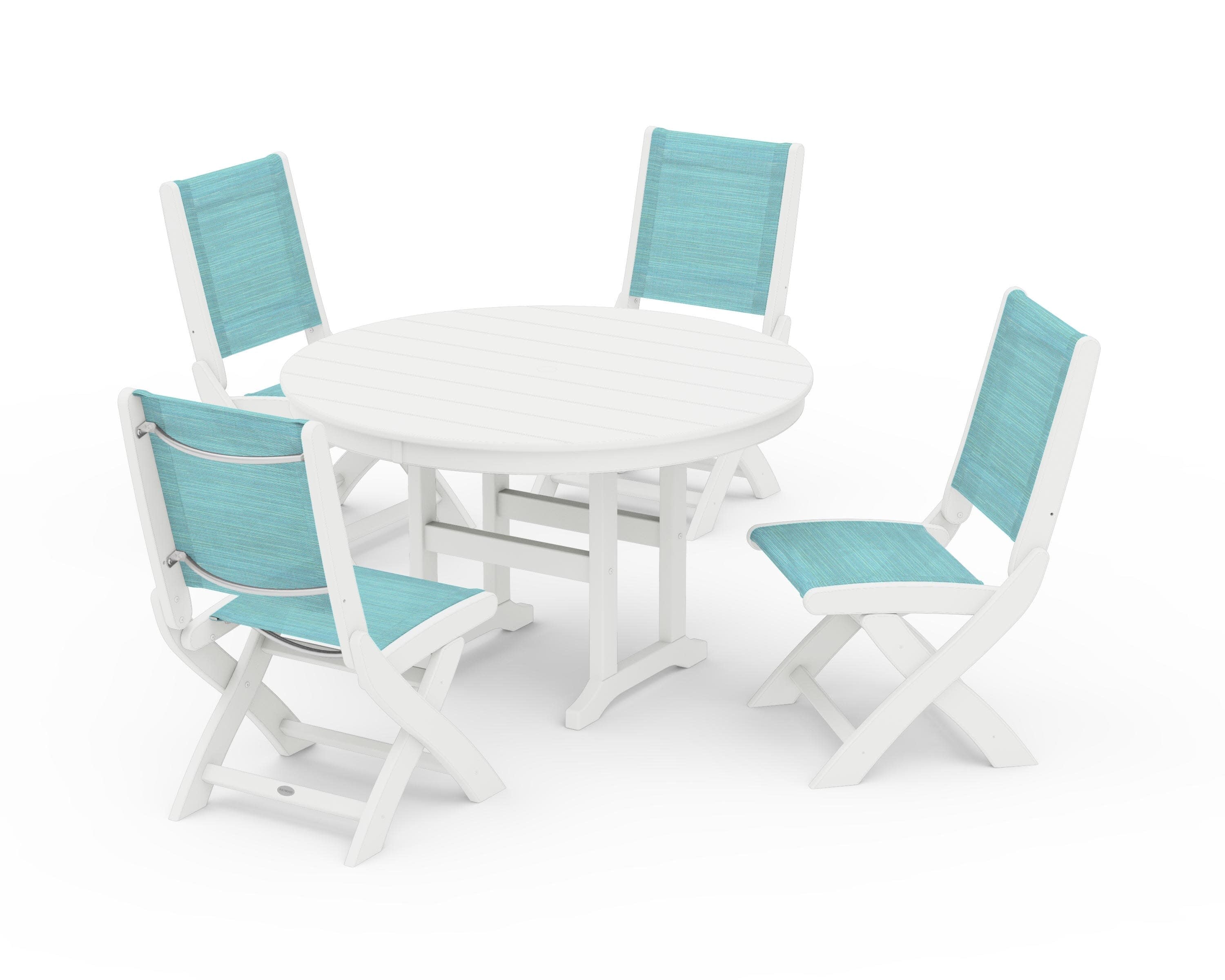 Coastal Folding Side Chair 5-Piece Round Dining Set in White / Dupioni Aquamarine Sling
