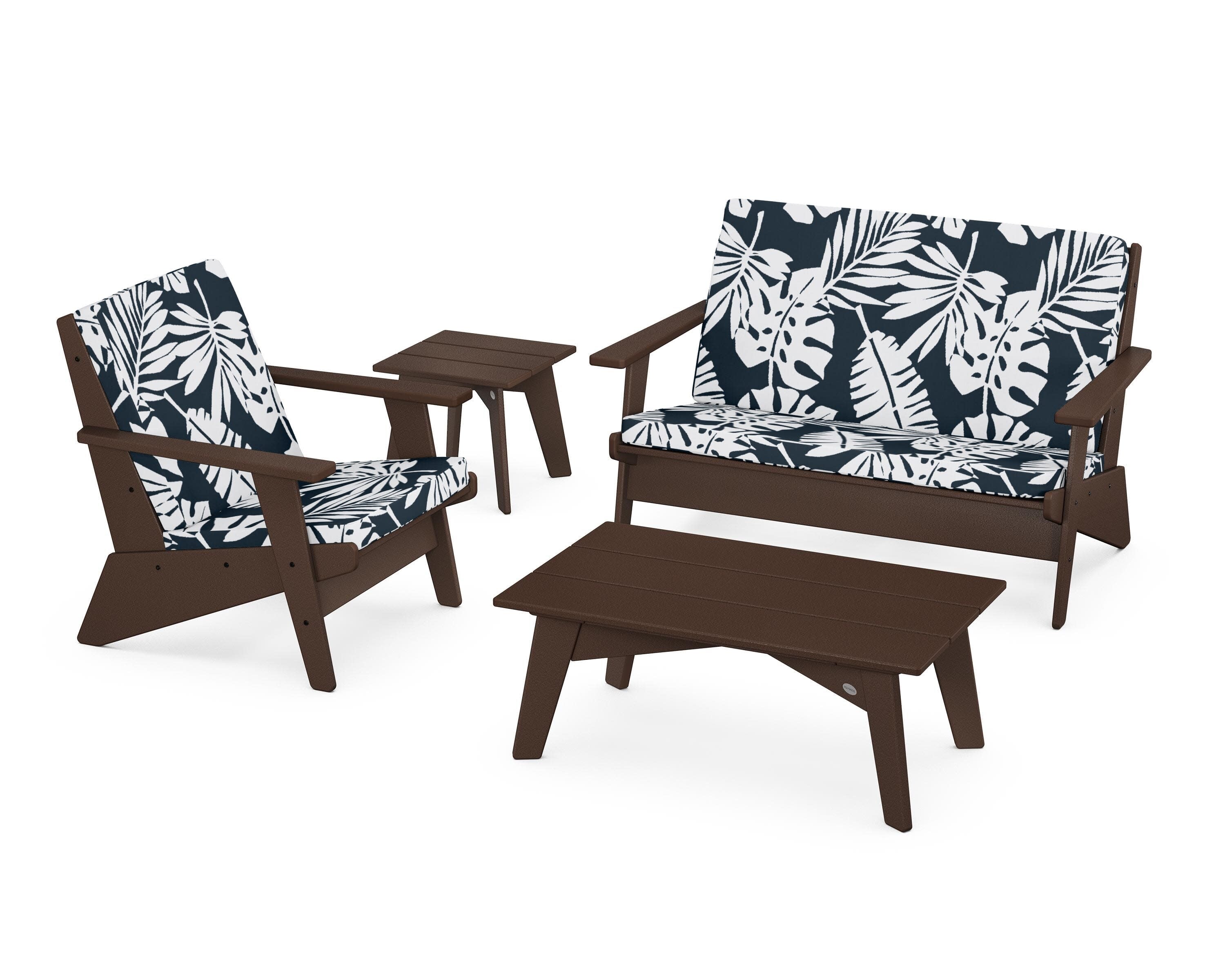 Riviera Modern Lounge 4-Piece Set in Mahogany / Leaf Marine Indigo